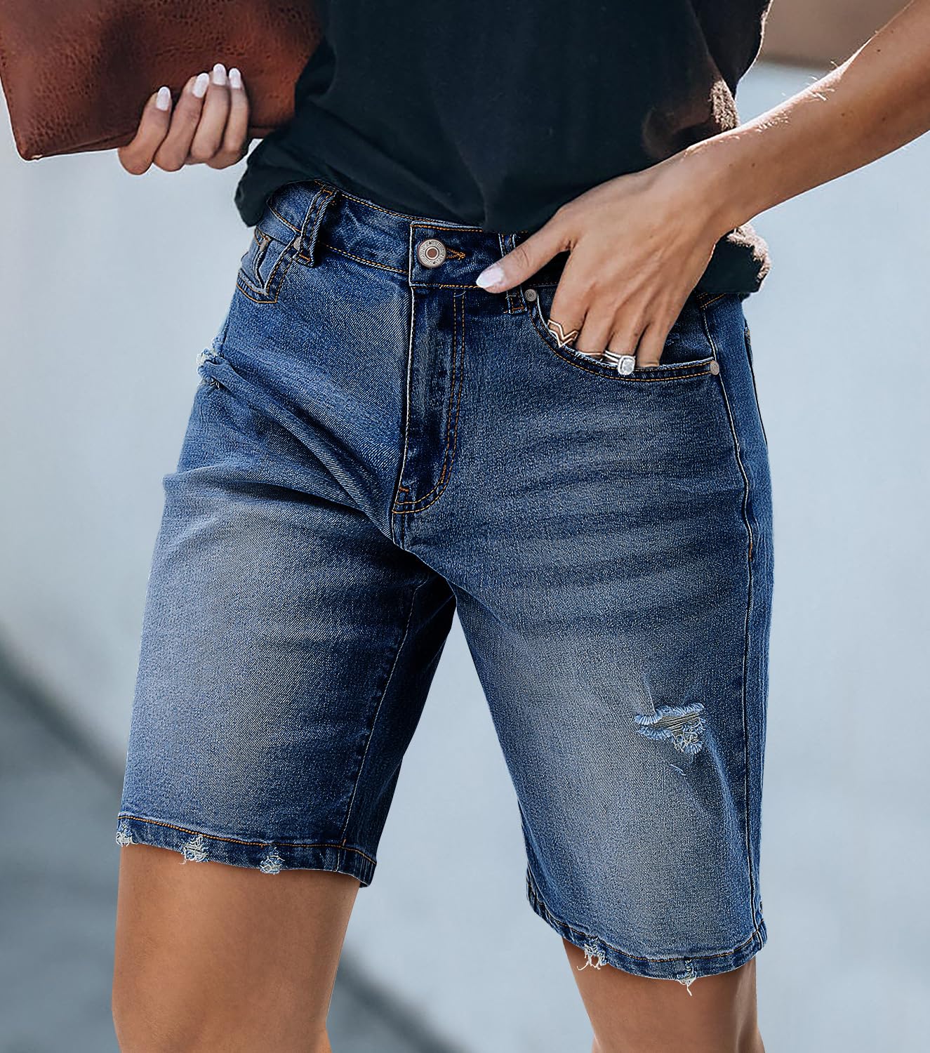 CHICZONE Women's Bermuda Jean Shorts - Stretchy Mid Waist Denim Shorts with Pockets | Casual Summer Outfits, Beach Wear & Everyday Comfort