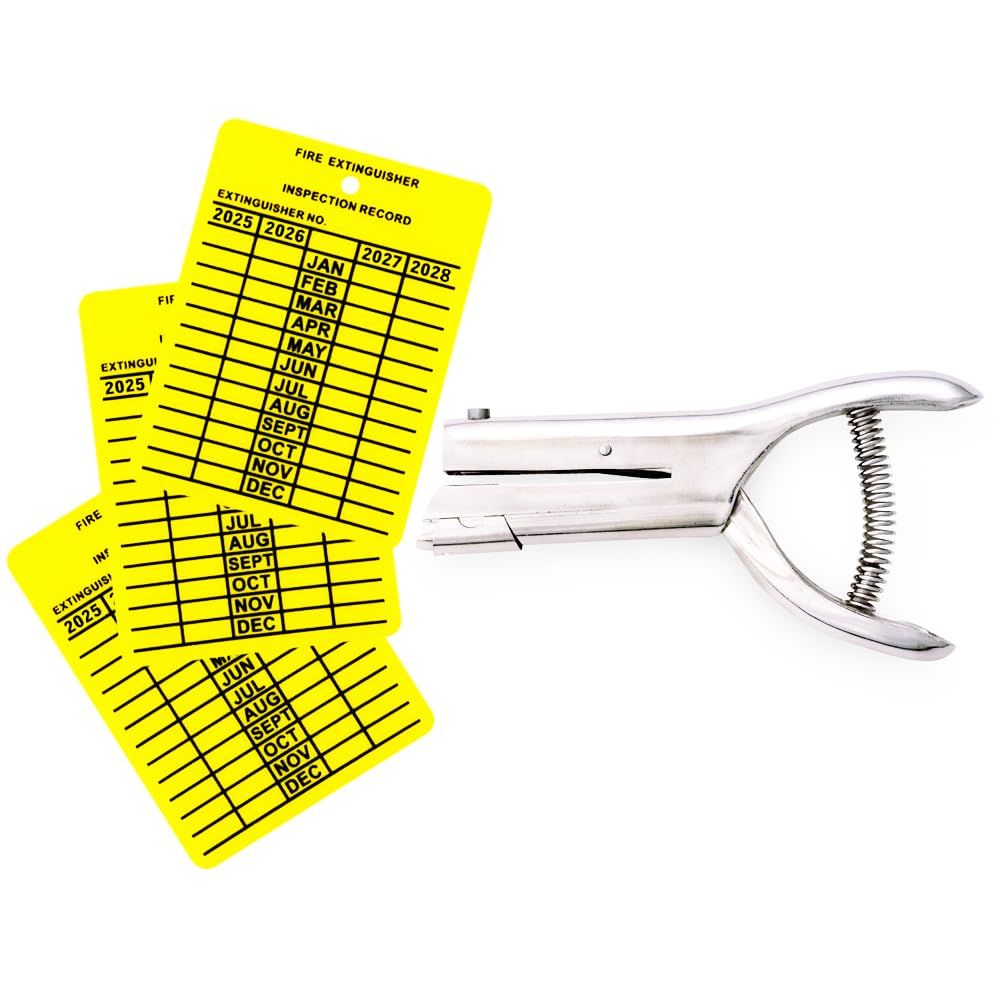 200-Piece 2025-2028 4-Year Monthly Fire Extinguisher Inspection Tags - Durable Plastic with Heavy Duty Hole Punch - Perfect for Commercial Buildings, Warehouses & Safety Compliance