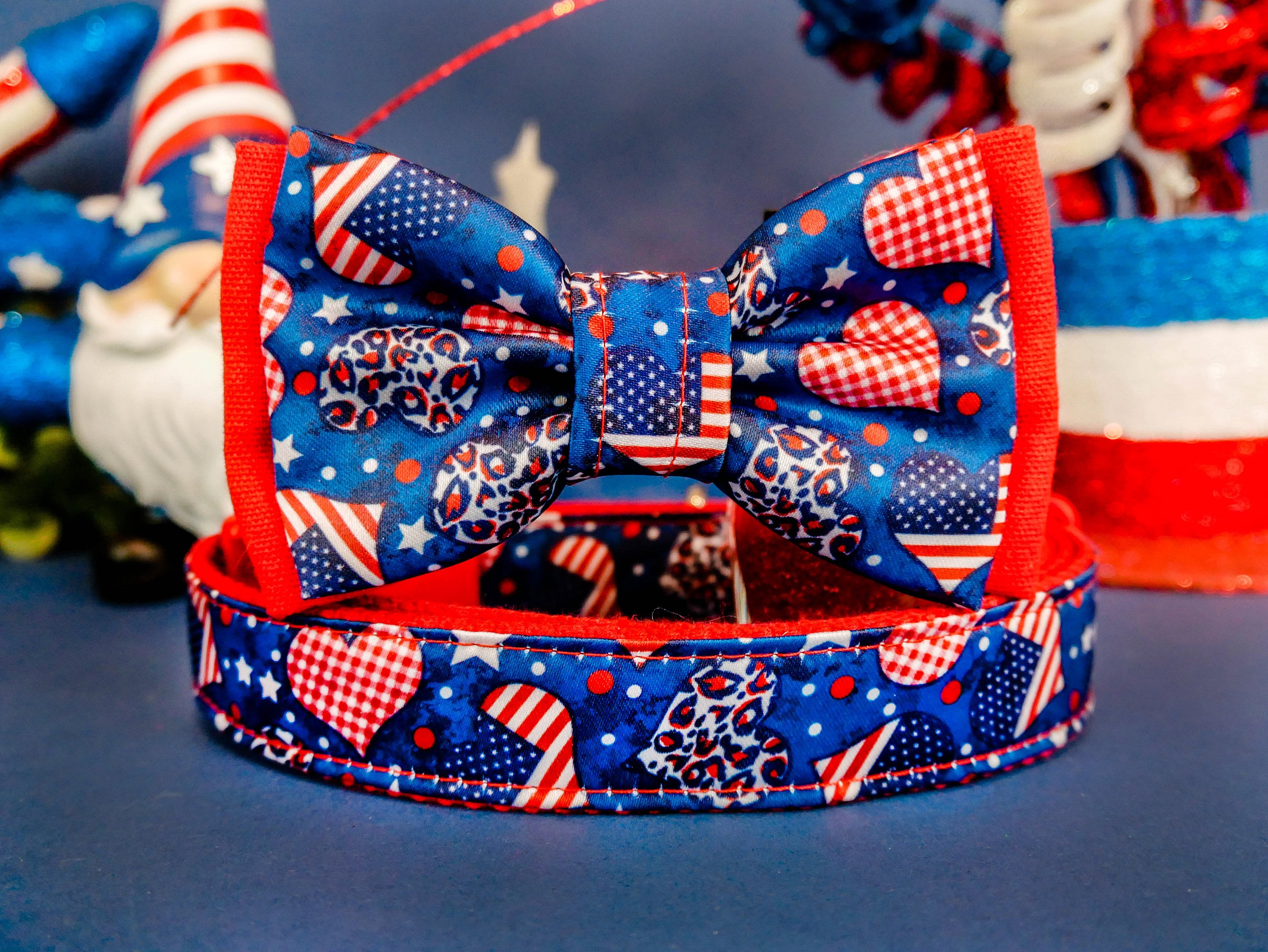 Patriotic Dog Collar with Bow Tie - Red White & Blue Heart Design for Small & Medium Dogs - Perfect for 4th of July, Memorial Day & Independence Day