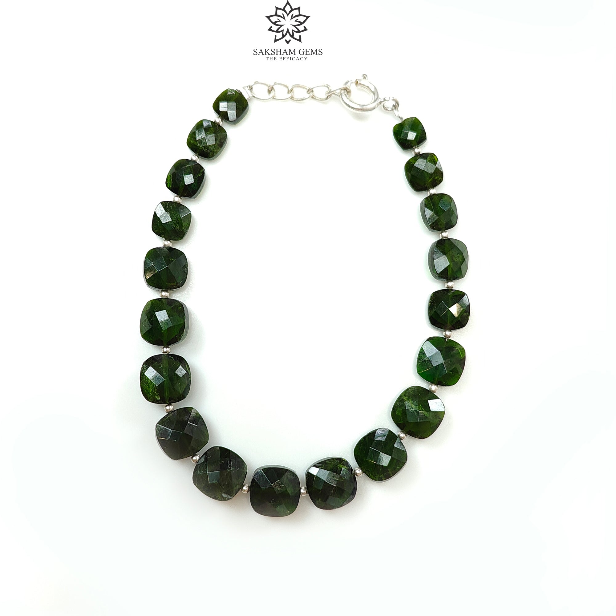 Chrome Diopside Gemstone Beads Bracelet - 8mm Green Checker Cut Beads with 925 Sterling Silver - 11.59gms Healing Crystal Jewelry for Meditation, Yoga & Spiritual Energy Balancing