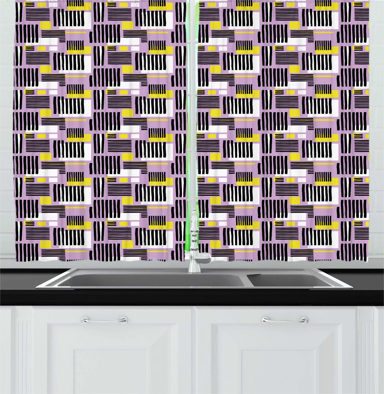 Ambesonne Geometric Long Kitchen Curtains - Modern Abstract Pattern with Grunge Stripes & Squares - 2 Panel Drapes with Rod Pocket - 55