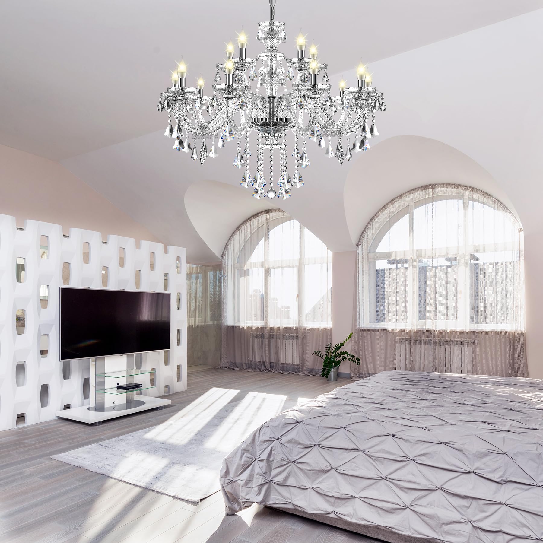 Ridgeyard 15-Light Crystal Chandelier - Modern Clear Crystal Pendant Ceiling Light Fixture for Dining Room, Living Room, Bedroom, Hallway & Entryway | Elegant Lighting for Weddings, Restaurants & Luxury Homes