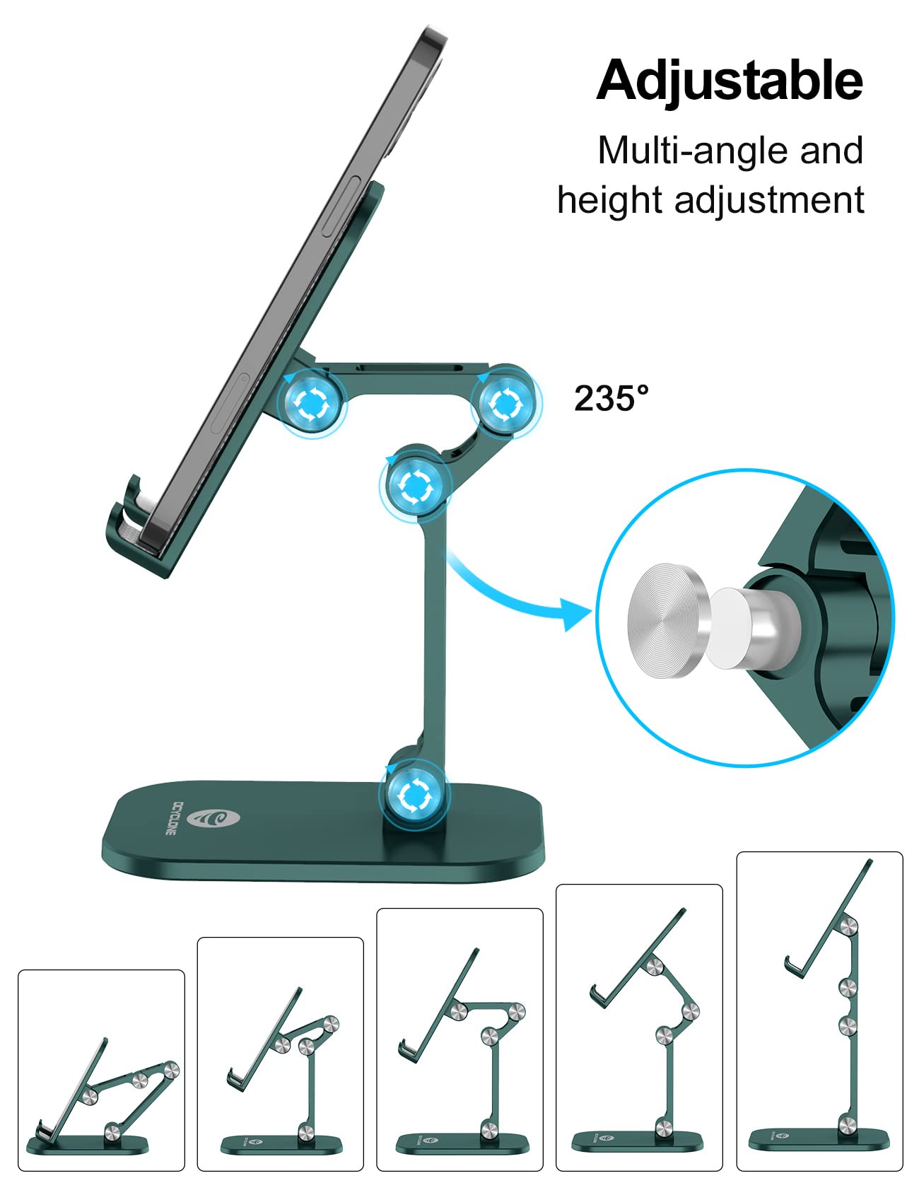 OCYCLONE Adjustable Phone Stand for Desk - Foldable, Height & Angle Adjustable Cell Phone Holder Compatible with iPhone, iPad, Tablets 4-11 Inches (Green) - Perfect for Work, Study, Video Calls & Hands-Free Viewing