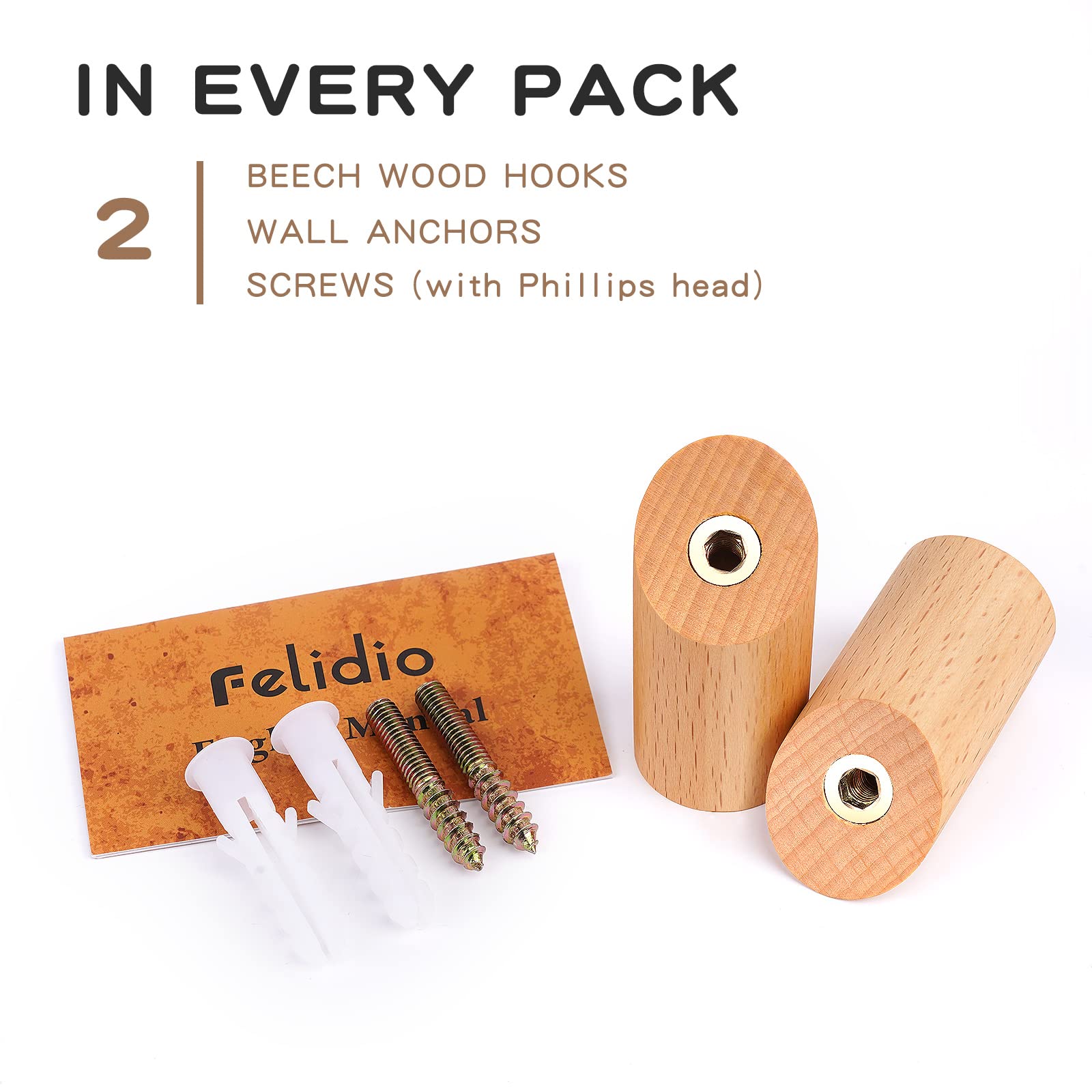 Natural Beech Wood Wall Hooks (2 Pack) - Heavy Duty Coat Hooks for Entryway, Bathroom & Bedroom - Perfect for Hanging Coats, Hats, Towels & Robes - Wall Mounted Rustic Home Decor