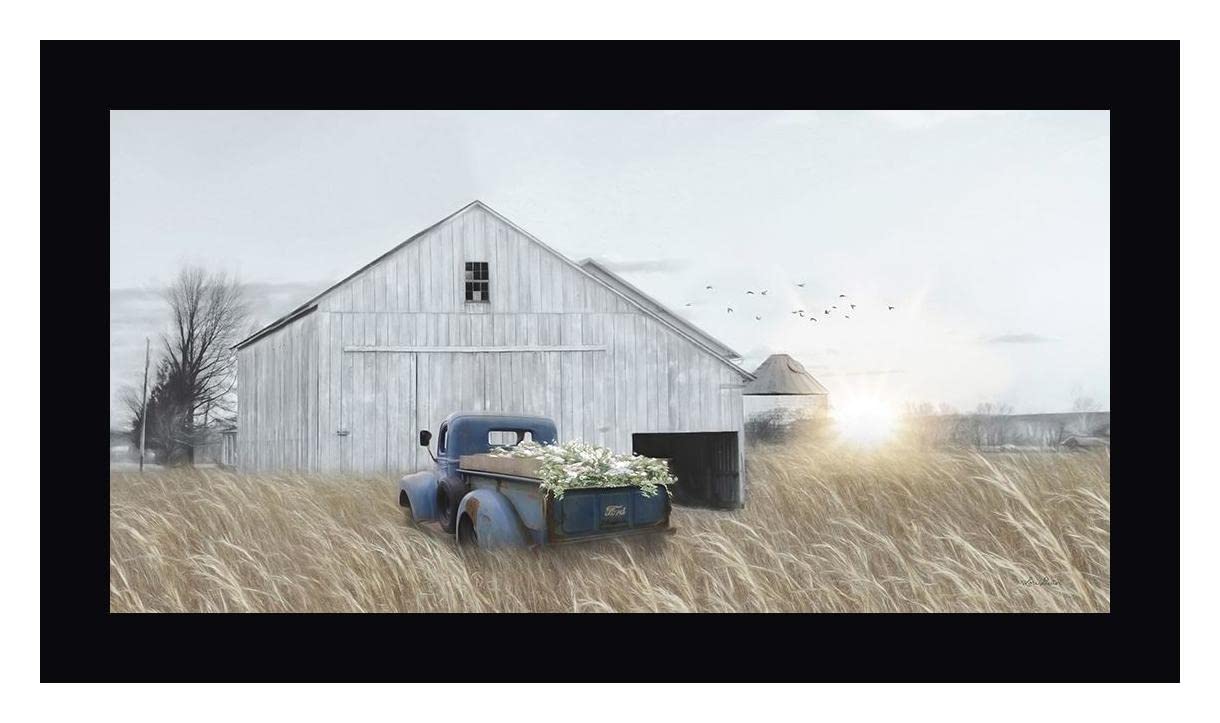 Lori Deiter Navy Blue Truck with Flowers Framed Canvas Art Print - 17x30 Inches - Black Frame - Ready to Hang - Perfect for Living Room, Bedroom, or Office Wall Decor