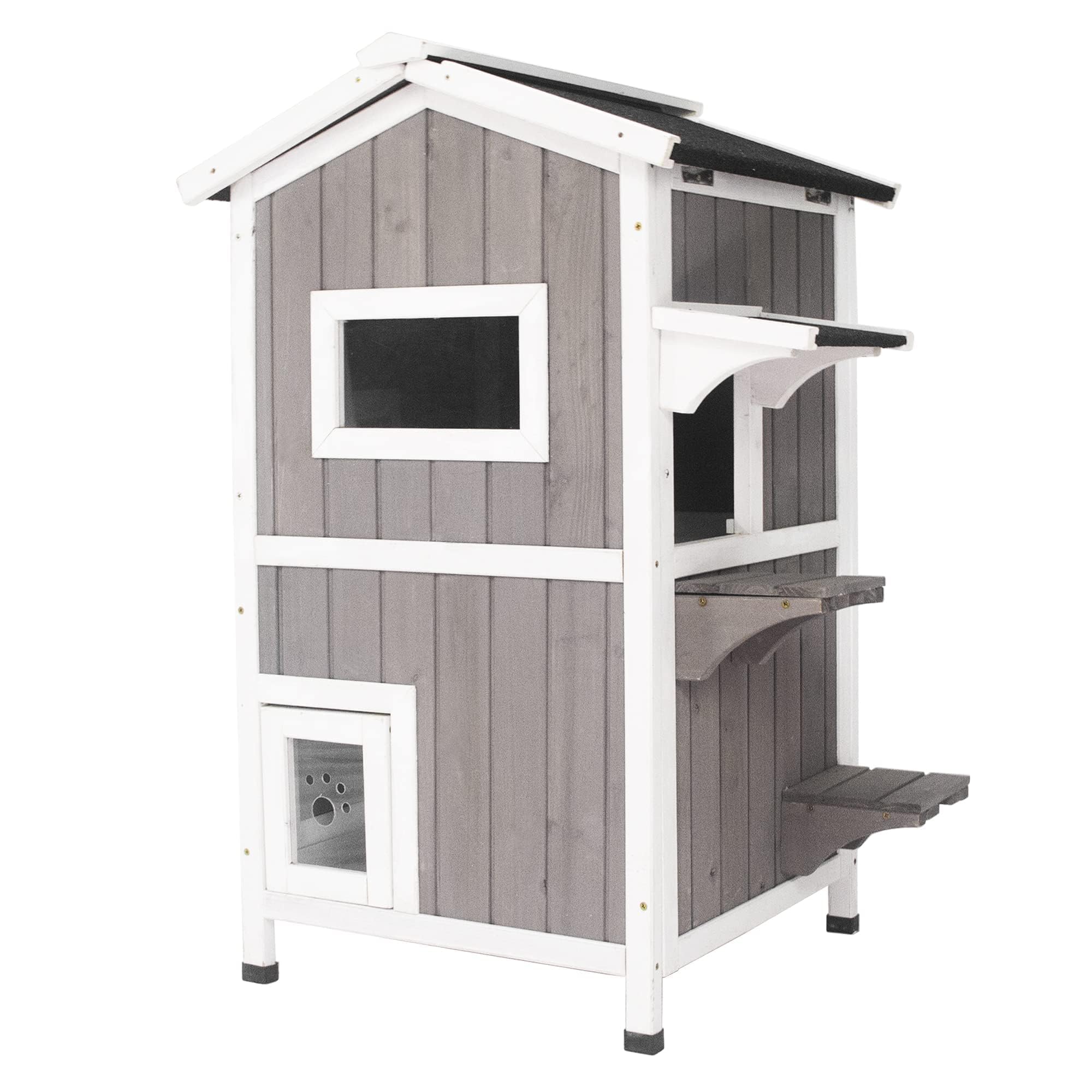 Waterproof Wooden Cat House for Indoor & Outdoor Use - 2 Story Kitty Condo with Escape Door - Perfect for Backyard, Patio, or Living Room Pet Shelter