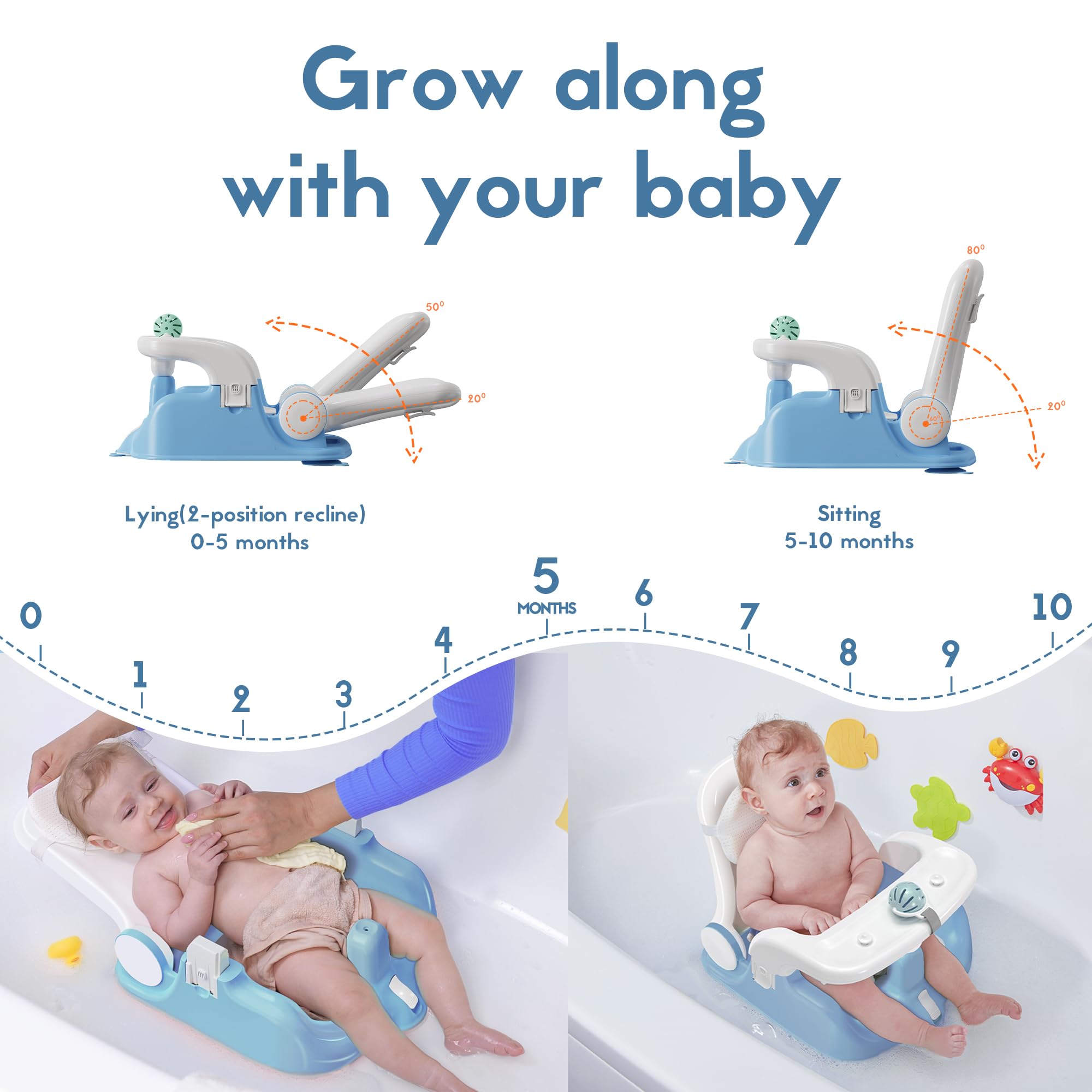 BabyBond 2-in-1 Baby Bath Seat with Sitting & Lying Positions - Adjustable 3-Speed Shower Head, Includes 3 Bath Toys & Strong Suction Cups - Safe Infant Bathtub Chair for Newborns to Toddlers (Blue) - Perfect for Bath Time Fun and Learning