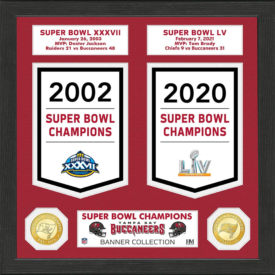 Tampa Bay Buccaneers 2x Super Bowl Champions Banner and Commemorative Coin Collection Set - Perfect for NFL Fans, Sports Memorabilia Collectors, and Home or Office Decor