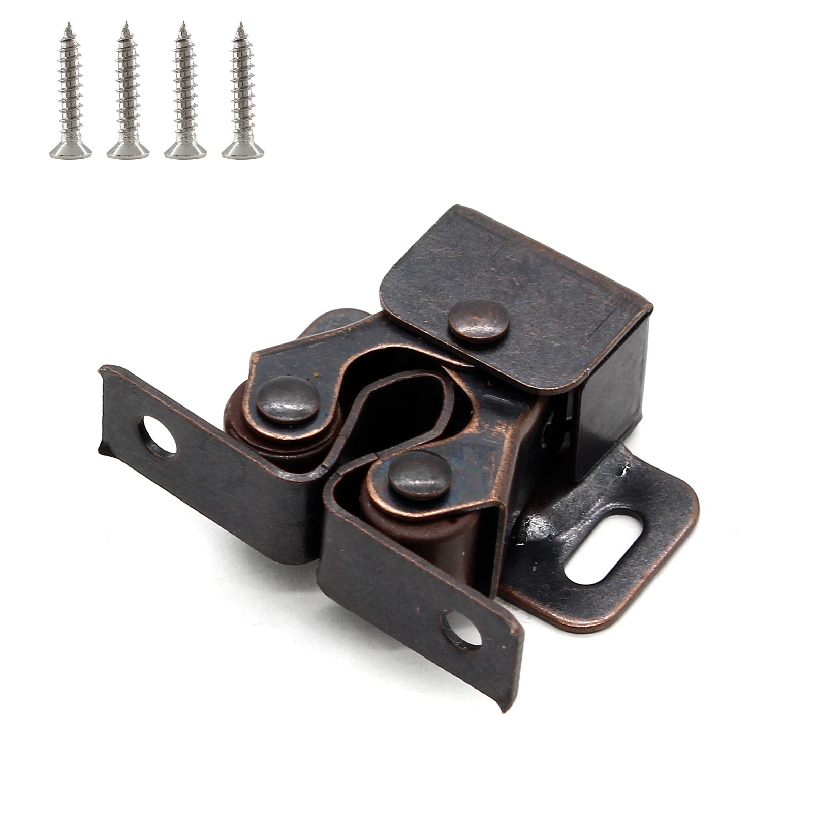4 Pack Heavy Duty Double Roller Catch with Spear - Bronze Cabinet Door Latch for Cupboard, Closet & Drawers - Secure Cabinet Doors & Furniture (Ideal for Kitchen, Bathroom & Office Storage)