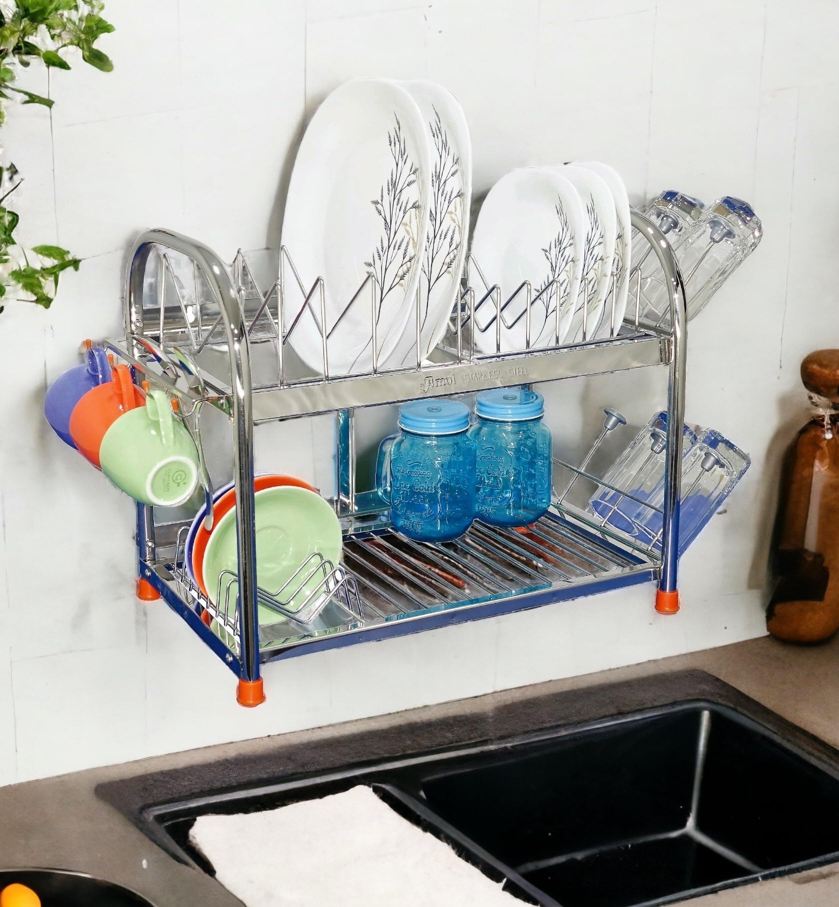 AMOL® Premium Stainless Steel Kitchen Utensil Organizer - Dish Drying Rack, Wall Mount Storage for Pots, Pans & Cooking Tools | Space-Saving Kitchen Organization for Small Apartments & Modern Homes