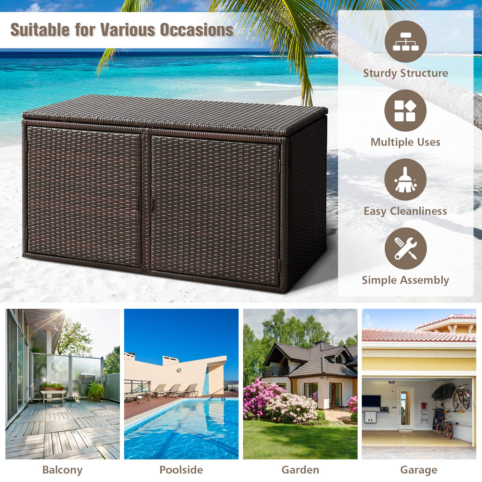 Giantex 88 Gallon Rattan Deck Storage Box with Separate Shelf & Openable Door - Durable Steel Frame Wicker Organizer for Toys, Tools, Yard, Garden, Balcony, Porch & Patio - Perfect Outdoor Storage Solution (Brown)