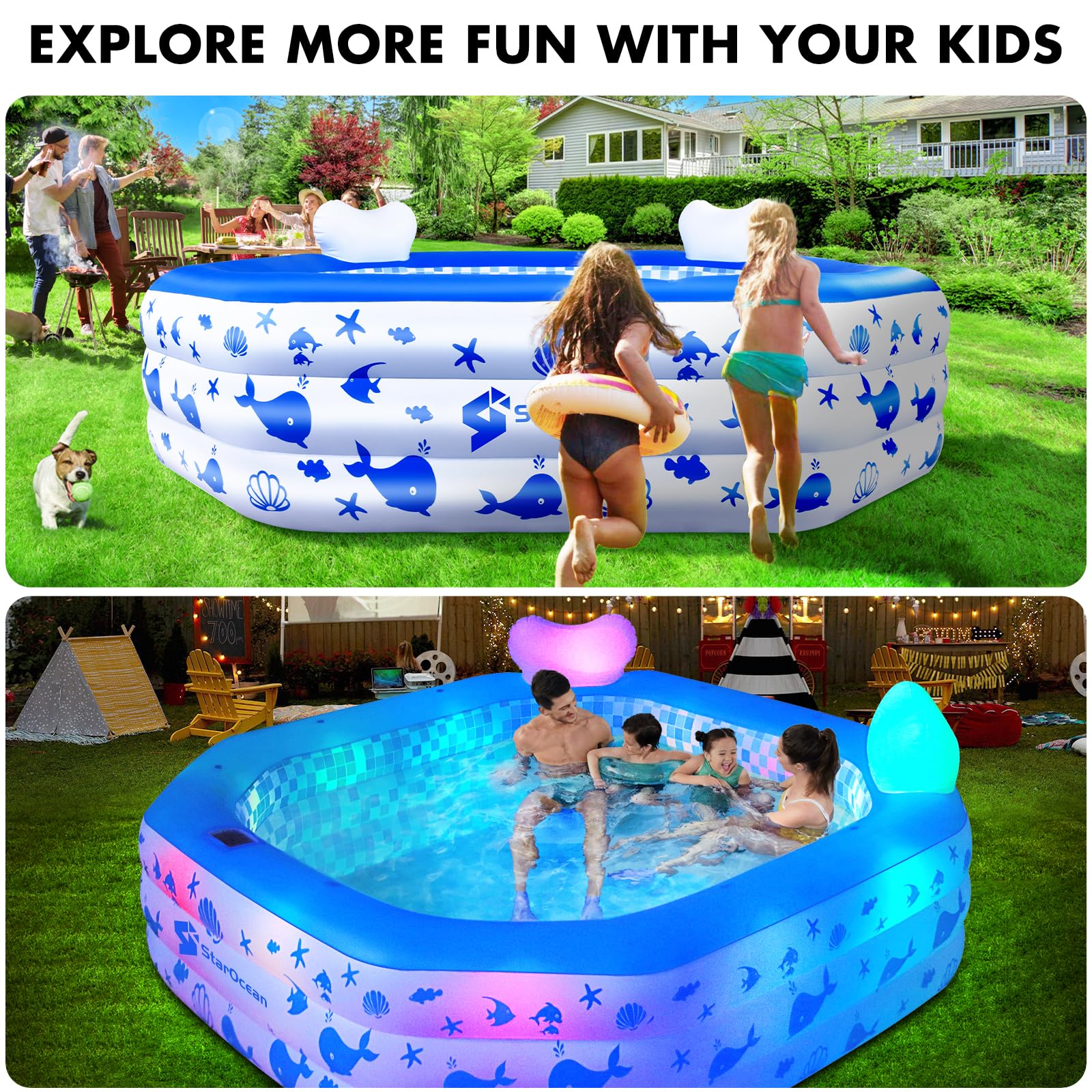 **Solar-Powered Inflatable Pool with LED Lights for Kids & Adults – 90