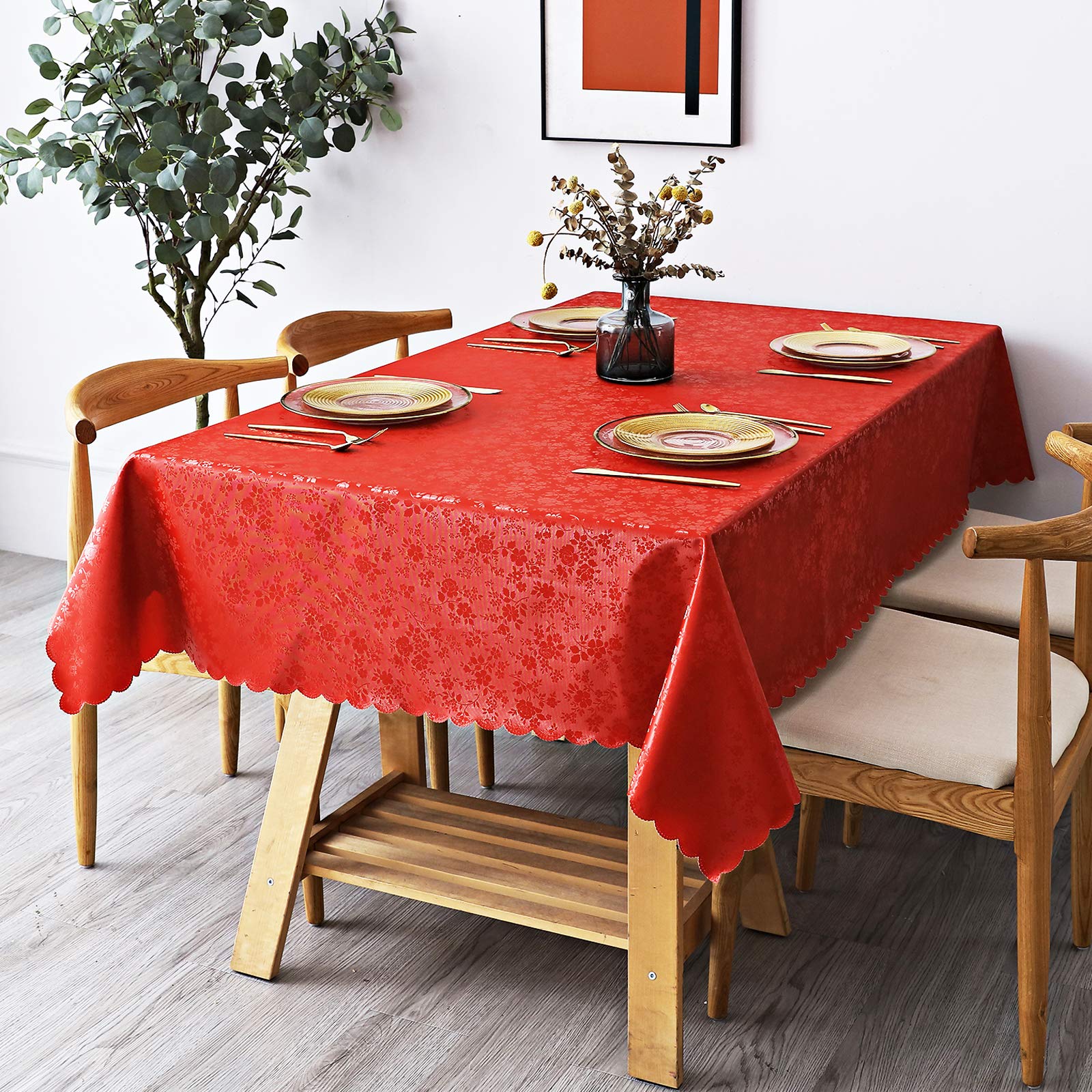 Smiry Heavy Duty Vinyl Tablecloth - Waterproof, Wipeable, Washable Rectangle Table Cover for Kitchen & Dining Room (Red, 54