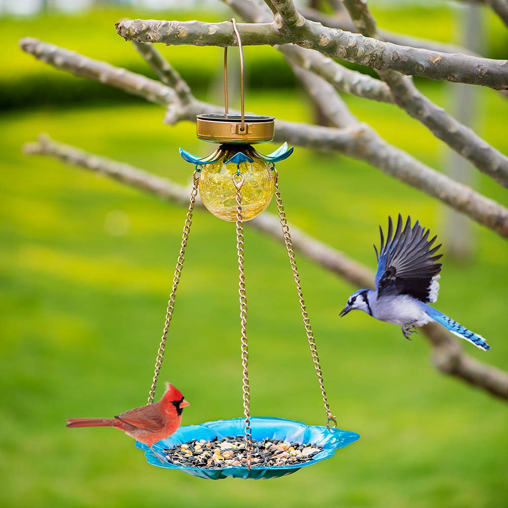 Solar Bird Feeder for Outdoors - Hanging Metal Wild Bird Feeder with Crackle Glass Ball Lights, Waterproof Garden Decor - Perfect Gift for Bird Lovers (Ideal for Backyard, Patio, and Garden Decoration)