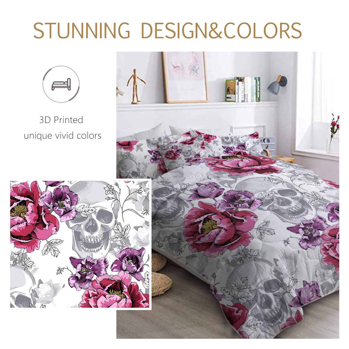 BlessLiving Sugar Skull Comforter Set King 8-Piece - Rose Grey Gothic Bedding with Sheets | All-Season Down Alternative Bedding for Boys' Room, Teen Bedroom & Halloween Decor