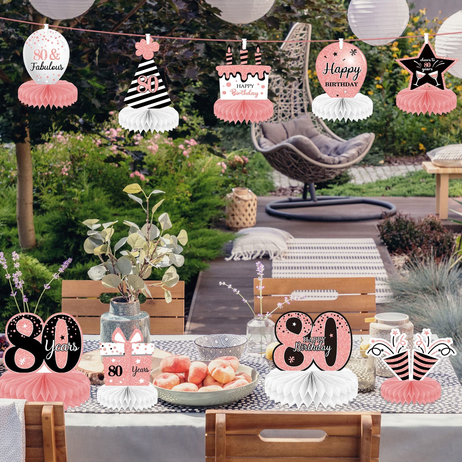 9-Piece Rose Gold 80th Birthday Party Decorations Set for Women - Pink Table Centerpieces, Honeycomb Topper & Cheers Sign - Perfect for Milestone Celebrations, Retirement Parties & Grandmother's Birthday Decor
