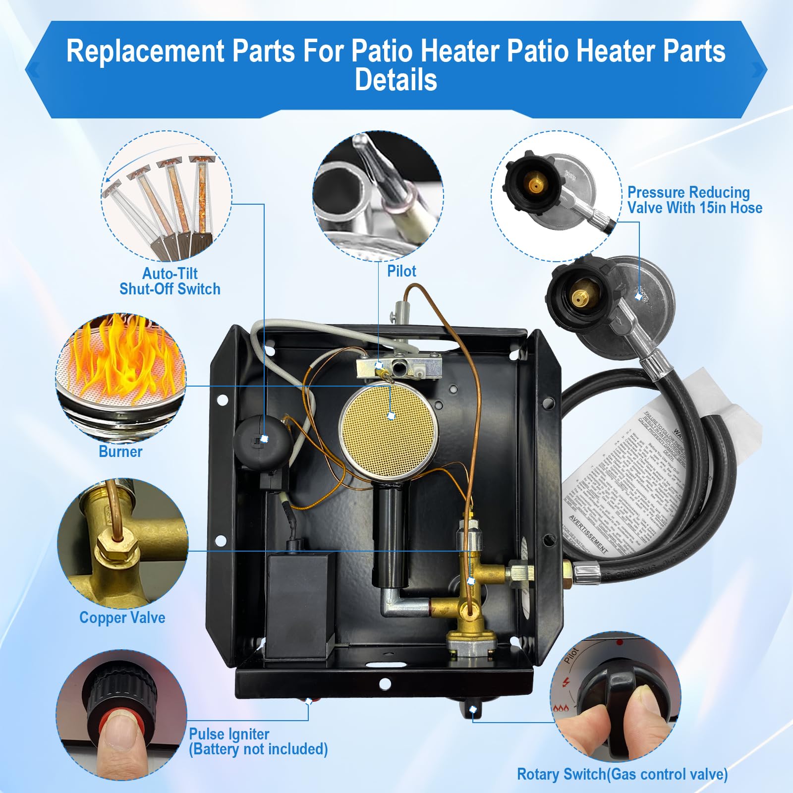 Hiland Square Patio Heater Replacement Parts - 5 Bolt Hole Glass Tube Burner Module with Regulator Valve Assembly | Compatible with Hiland Square Glass Tube Heaters | Perfect for Outdoor Patio, Deck, and Garden Heating