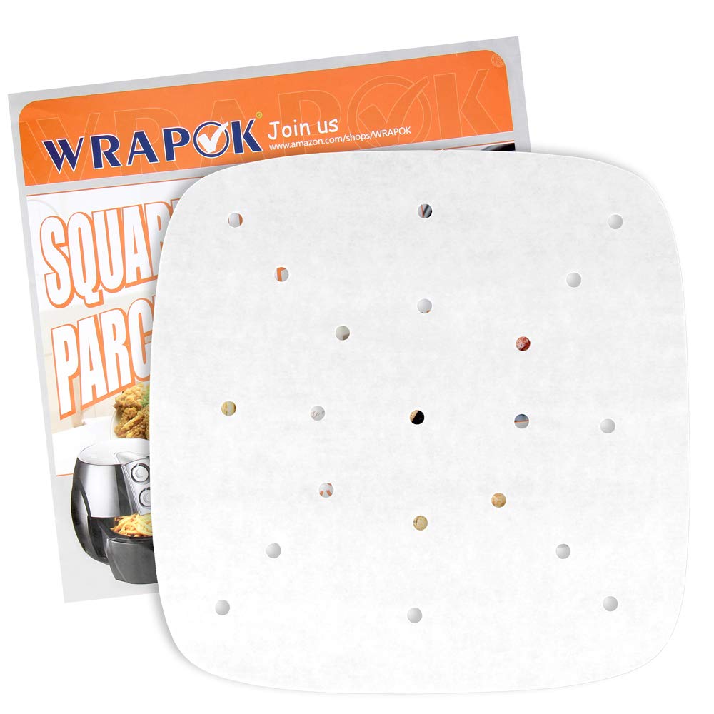 WRAPOK 8.5 Inch Square Air Fryer Parchment Paper Liners - 100 Count Non-Stick Perforated Sheets for Cooking Meats, Chips, Cookies | Perfect for Air Fryers, Ovens & Meal Prep | BPA-Free & Easy Cleanup