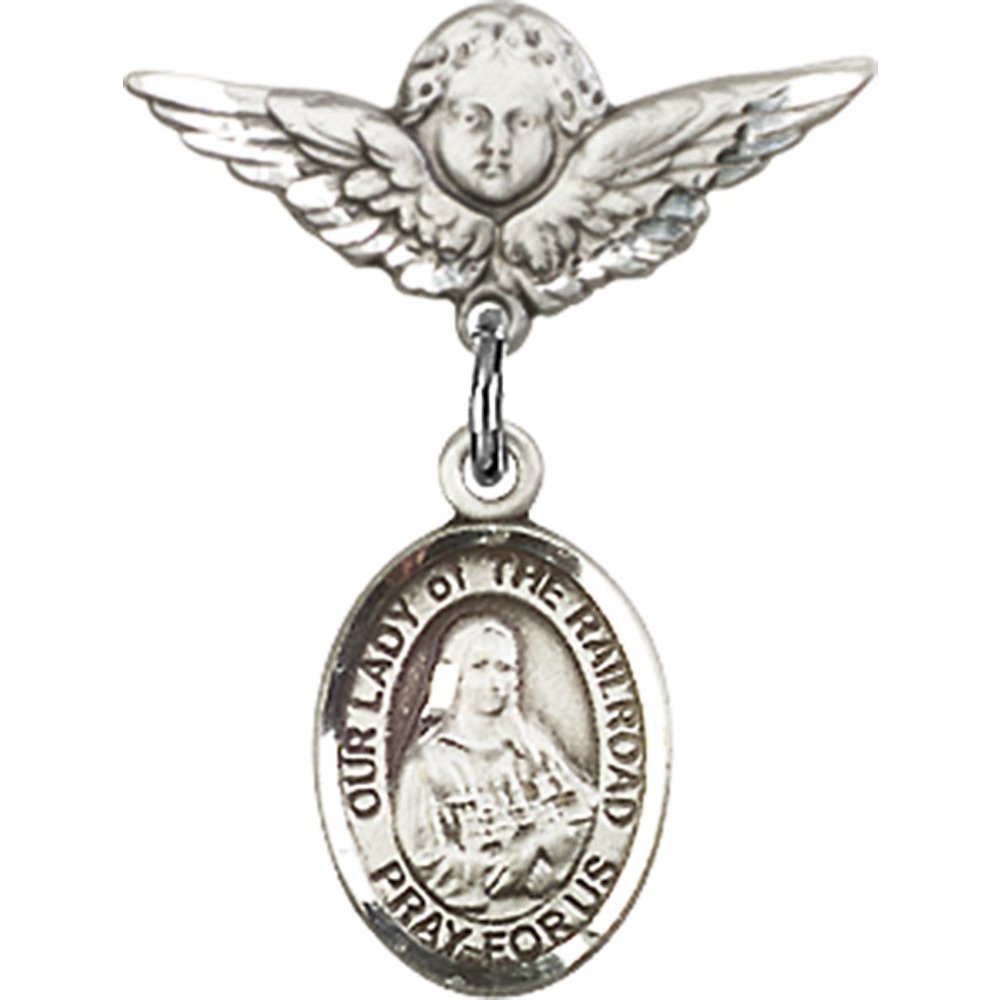 Sterling Silver Baby Badge with Our Lady of The Railroad Charm & Angel Wing Pin - 7/8
