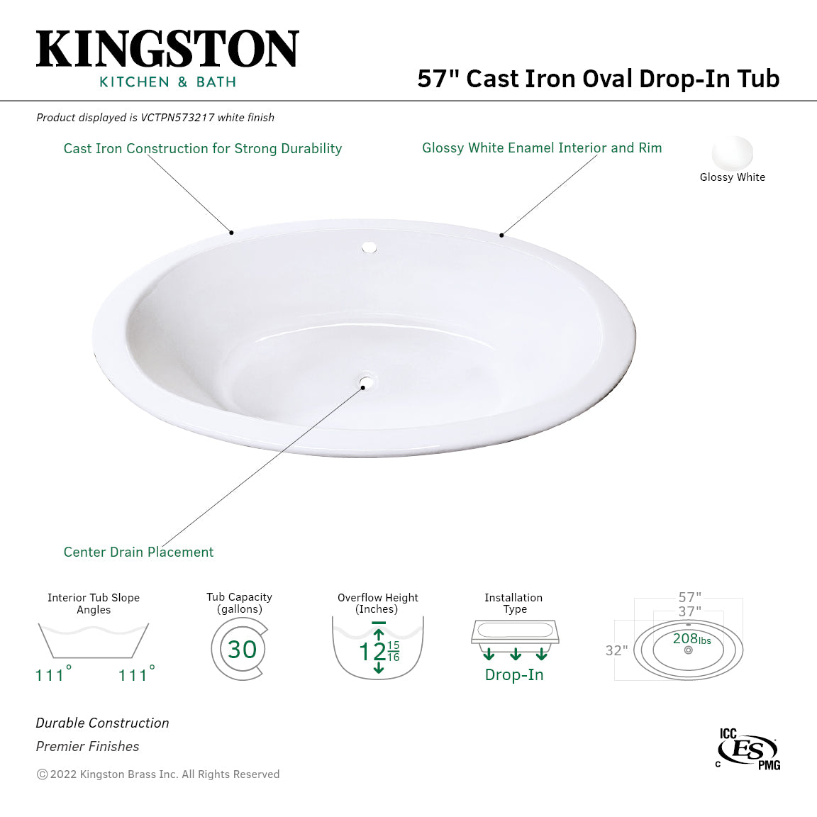 Aqua Eden 57 Inch White Cast Iron Oval Drop-In Bathtub with Center Drain - Freestanding Soaking Tub for Luxury Bathroom & Spa Relaxation