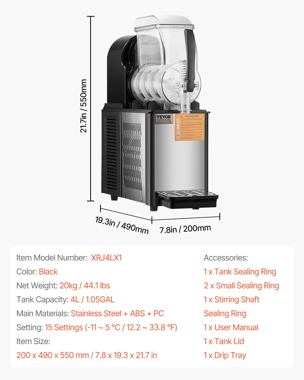VEVOR Commercial Slushy Machine 4L Single Tank Frozen Drink Maker - 16 Cups Stainless Steel Margarita Smoothie & Slushie Machine for Home, Party, Restaurant, Cafe, Bar - Perfect for Summer Drinks, Cocktails & Frozen Treats