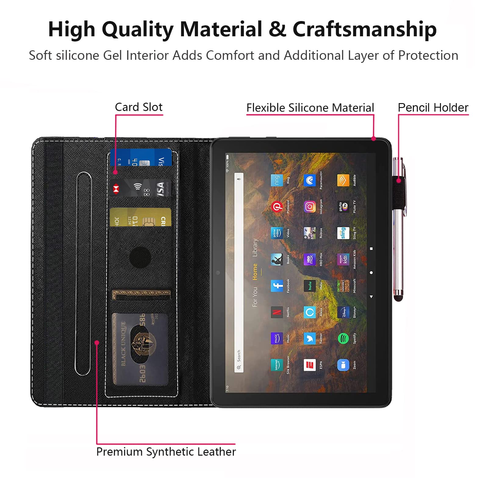 Premium PU Leather Case for All-New Kindle Fire HD 10/Fire HD 10 Plus Tablet (11th Gen, 2021) - Protective Cover with Card Slot & Pencil Holder - Perfect for Work, Travel, and Everyday Use