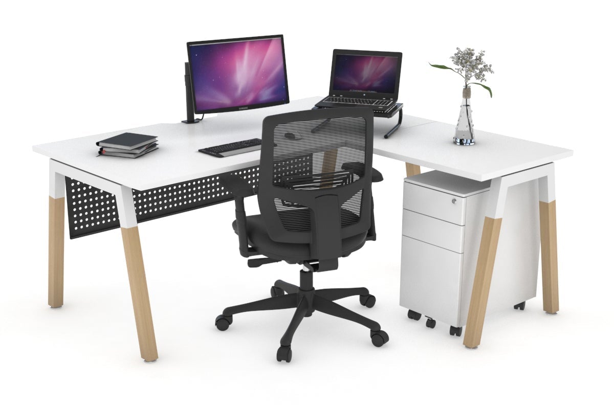L-Shaped Corner Office Desk with Quadro A Legs & Wood Cross Beam - 1400L x 1550W, Cable Management Scallop - Perfect for Home Office, Gaming Setup & Workspace Organization
