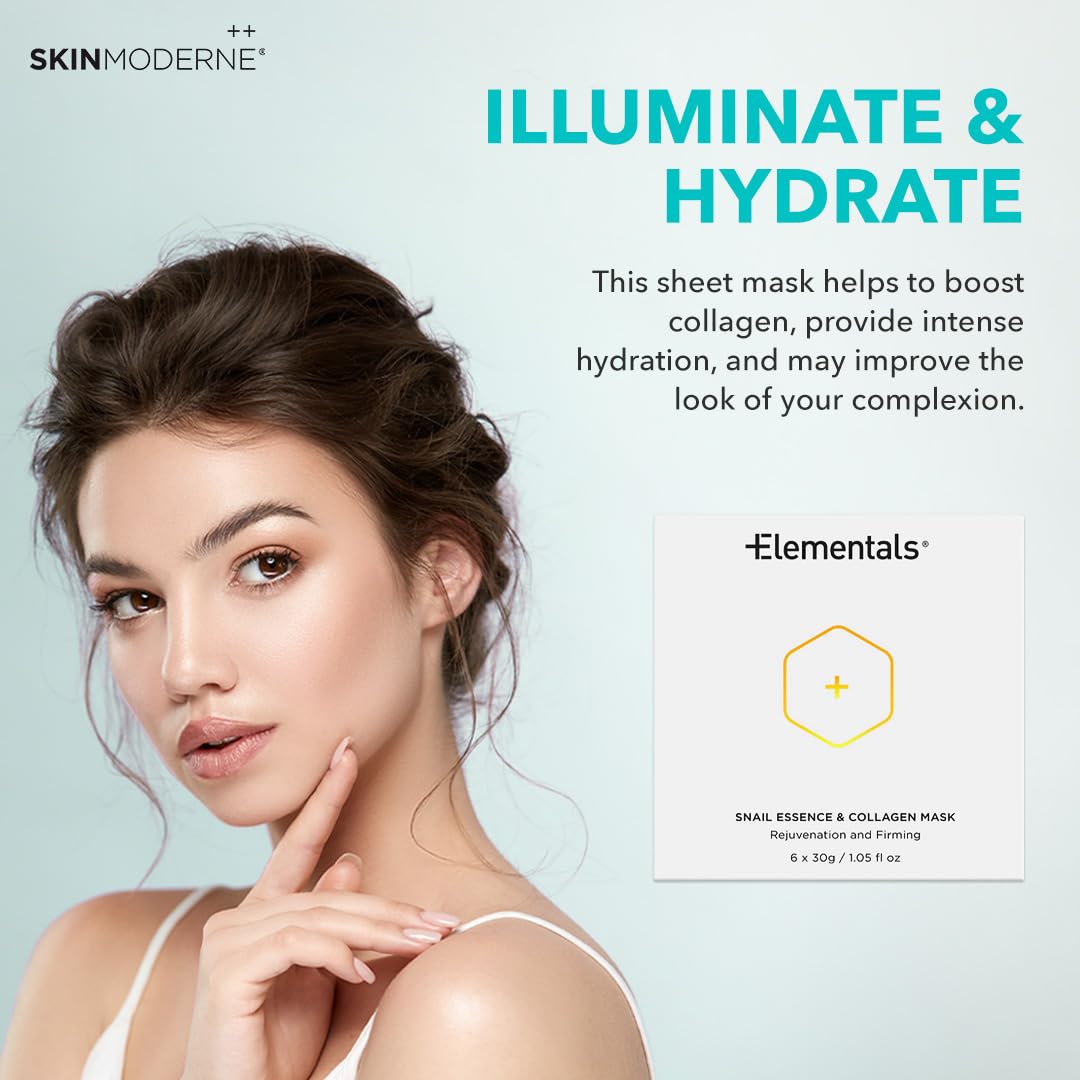 SKIN MODERNE Snail Mucin Collagen Face Sheet Masks - Anti-Aging, Firming & Hydrating - Brightens Skin & Reduces Wrinkles - Suitable for All Skin Types - 6 Pack - Perfect for Spa Night, Self-Care Routine & Travel Skincare Essentials