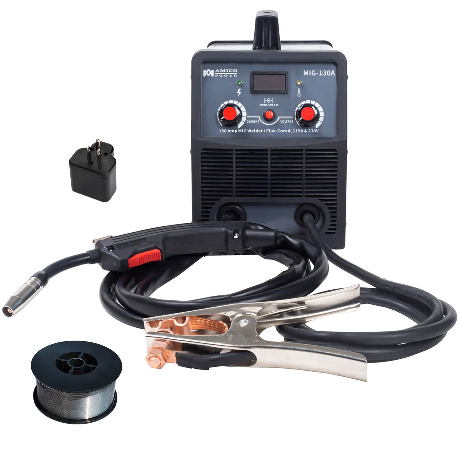 AmicoPower MIG-130A 130A Flux Core Welder - Dual Voltage 110V/220V Gasless Welding Machine with 80% Duty Cycle - Ideal for Home DIY, Auto Repair & Metal Fabrication Projects