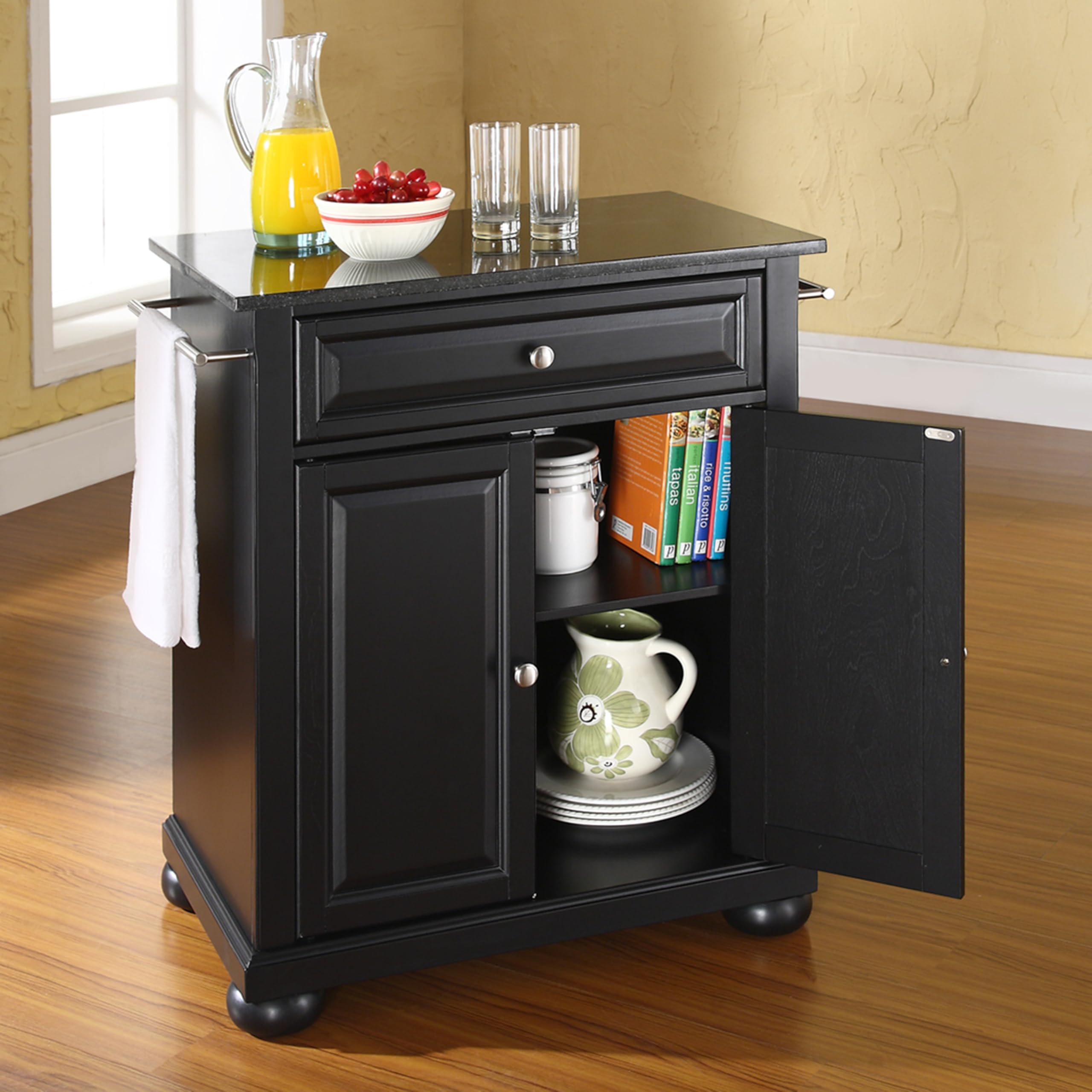 Crosley Alexandria Granite Top Portable Rolling Kitchen Island Cart - Microwave Stand with Storage, Black | Perfect for Small Kitchens, Apartments & Dorm Rooms