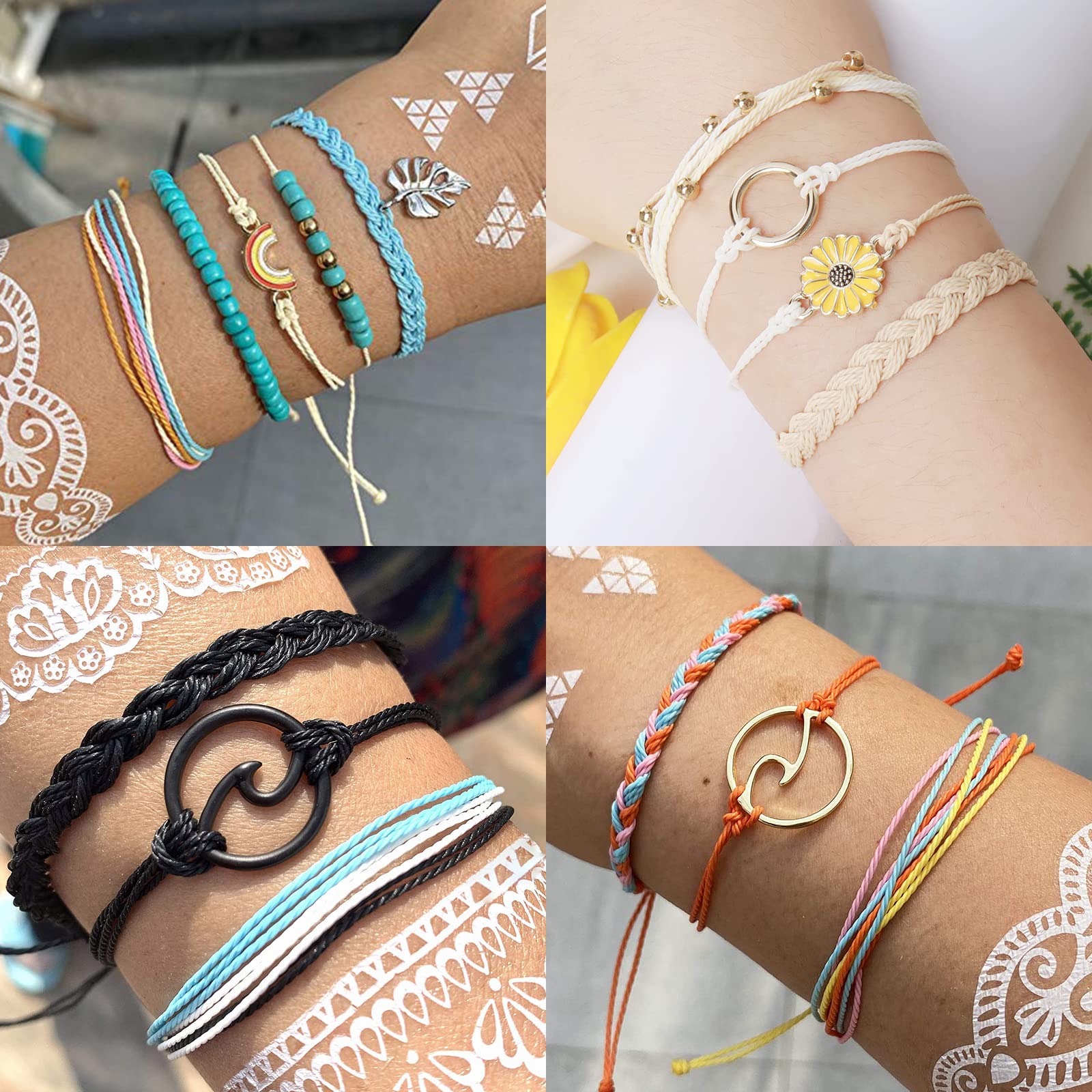 Blue Friendship Bracelets for Women - Adjustable Boho Bracelets with Sunflower Charm, Cute Stackable Surfer Beach Bracelets - Perfect Summer Essentials & Stocking Stuffers for Best Friends, Gifts for Her