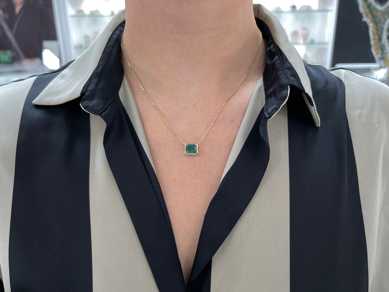 4.20 Carat Bluish Green Emerald Cut Bezel Set Necklace in 14K Gold - Elegant East to West Design for Women's Everyday Wear & Special Occasions
