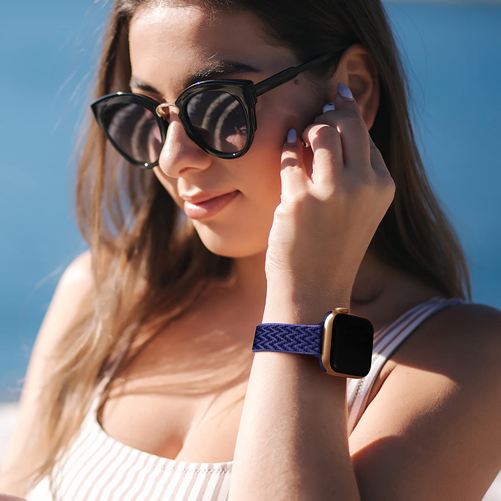SICCIDEN Slim Stretchy Nylon Apple Watch Band Compatible with iWatch Ultra 2/1, SE & Series 10-1 (46mm/49mm/45mm/44mm/42mm) - Women's Elastic Thin Strap in Midnight Blue & Rose Gold - Perfect for Workouts, Running & Everyday Wear