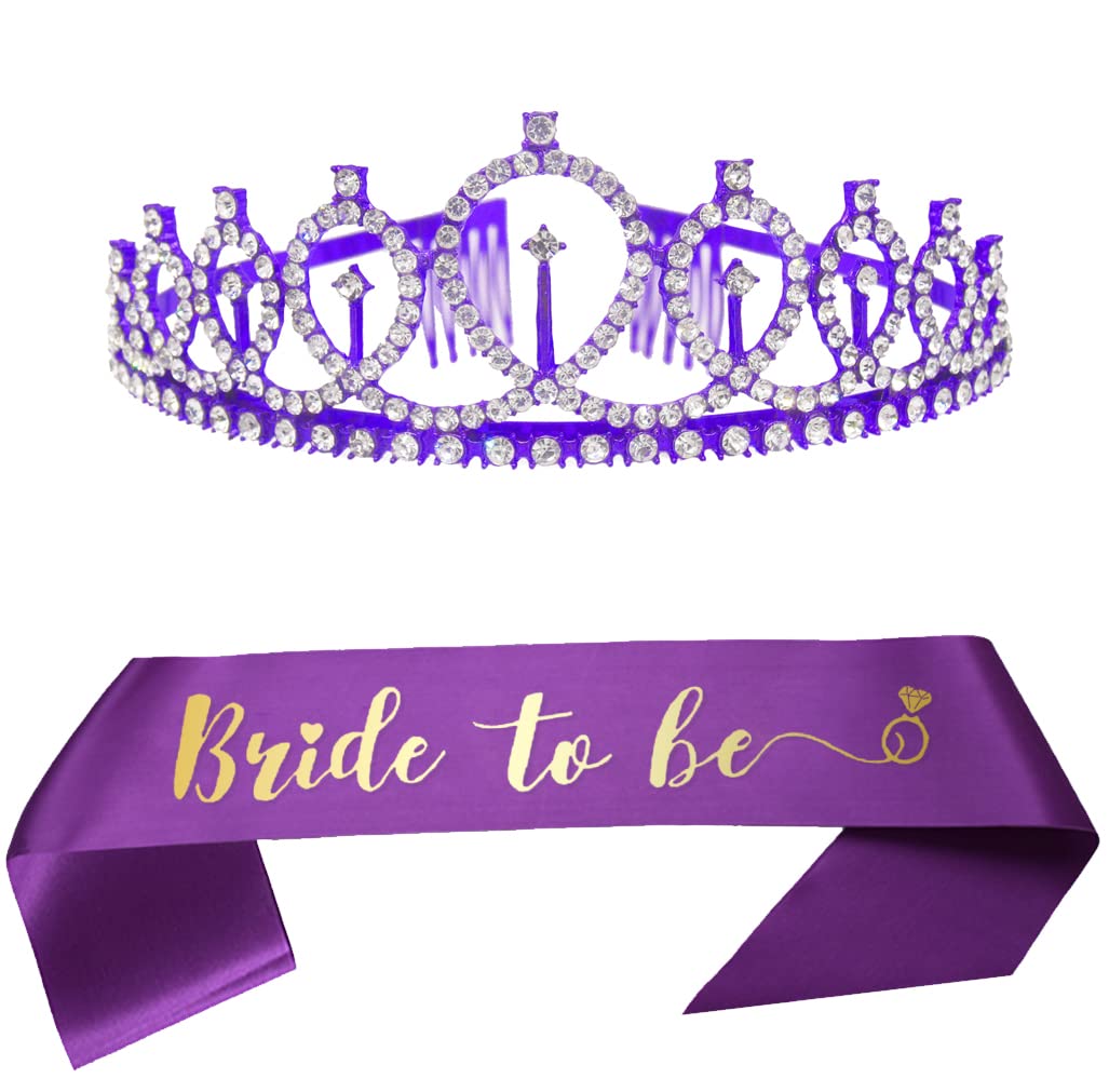 Purple Tiara & Bride To Be Sash Set - Wedding Bridal Shower Bachelorette Party Decorations - Crystal Crown for Women & Girls - Perfect for Bachelorette Parties, Wedding Showers & Princess-Themed Events