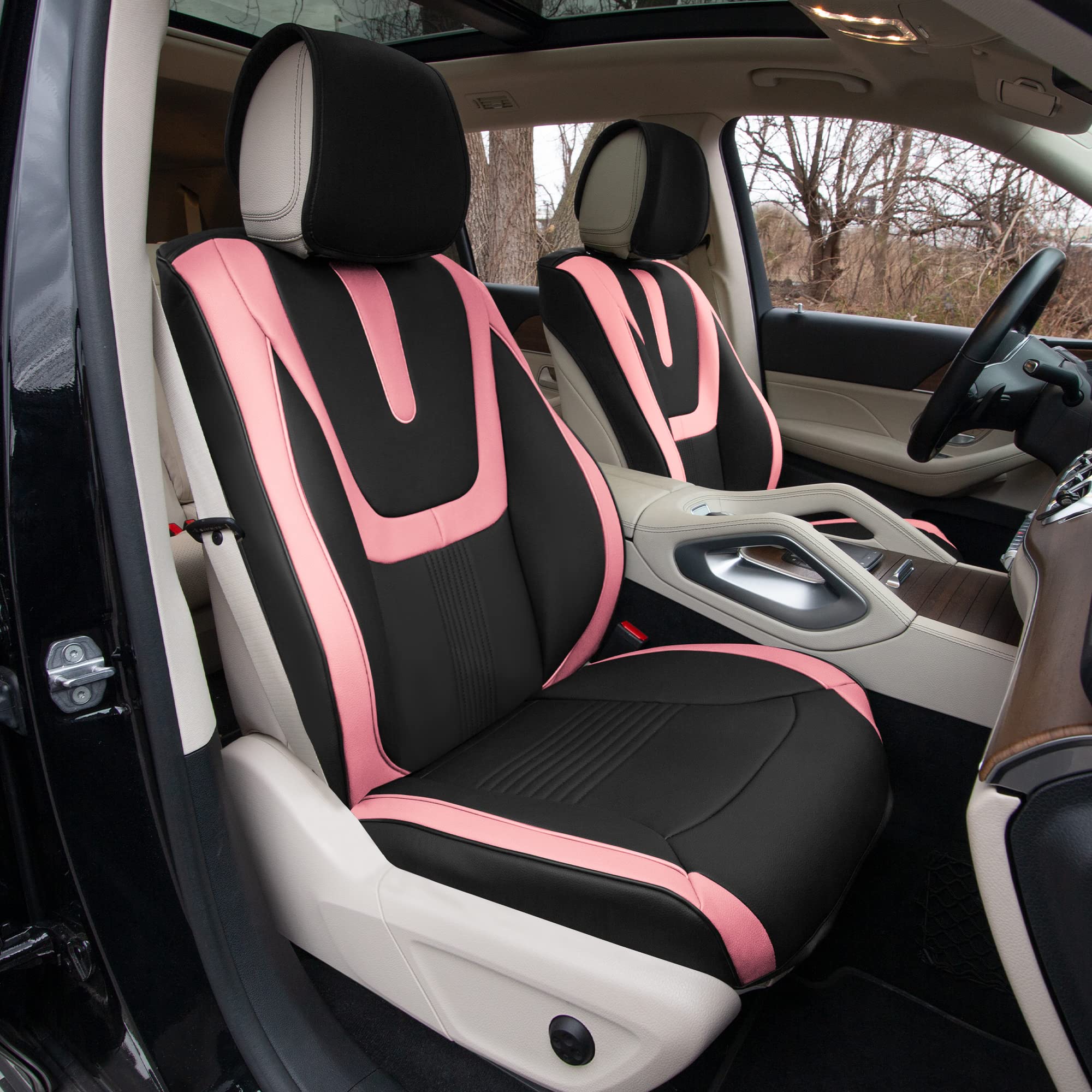 Premium TLH Hybrid70 Deluxe Faux Leather Pink Car Seat Covers with Modern Pattern – Universal Fit Front Set (2 Pack), Waterproof Seat Protector for Cars, Trucks & SUVs | Comfortable & Stylish Upgrade for Daily Commute, Road Trips & Family Travel