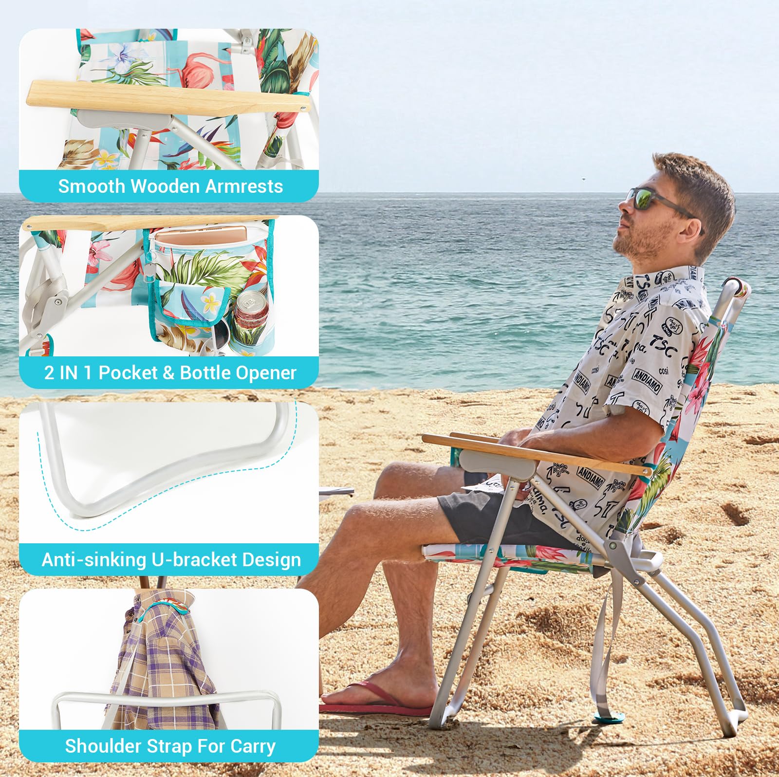 WEJOY High Back Aluminum Beach Chair - 2 Pack Adjustable Folding Camping Chairs with Wooden Armrest, Cup Holder & Storage Bag for Outdoor, Fishing, Sunbathing (Cyan Pink) - Perfect for Beach, Poolside, Backyard & Picnics