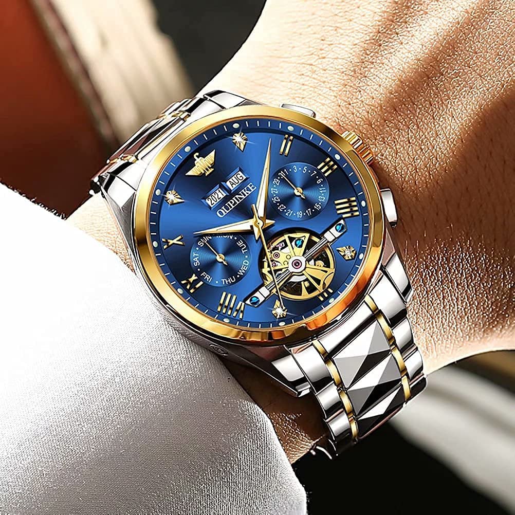 OUPINKE Men's Automatic Diamond Skeleton Mechanical Self-Winding Luxury Dress Watch - Sapphire Crystal & Tungsten Case - Perfect for Business, Formal Events & Gift Giving