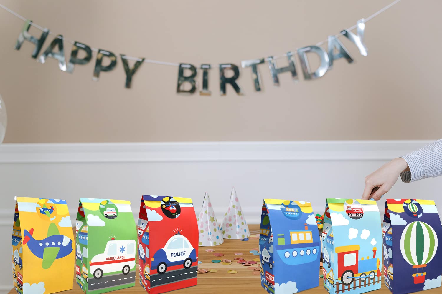 HaPiBiDesign 24 PCS Transportation Party Favor Bags with Stickers - Kids Birthday Party Supplies, Traffic Theme Goodie Bags for Candy & Treats - Perfect for School Events, Baby Showers & Themed Celebrations