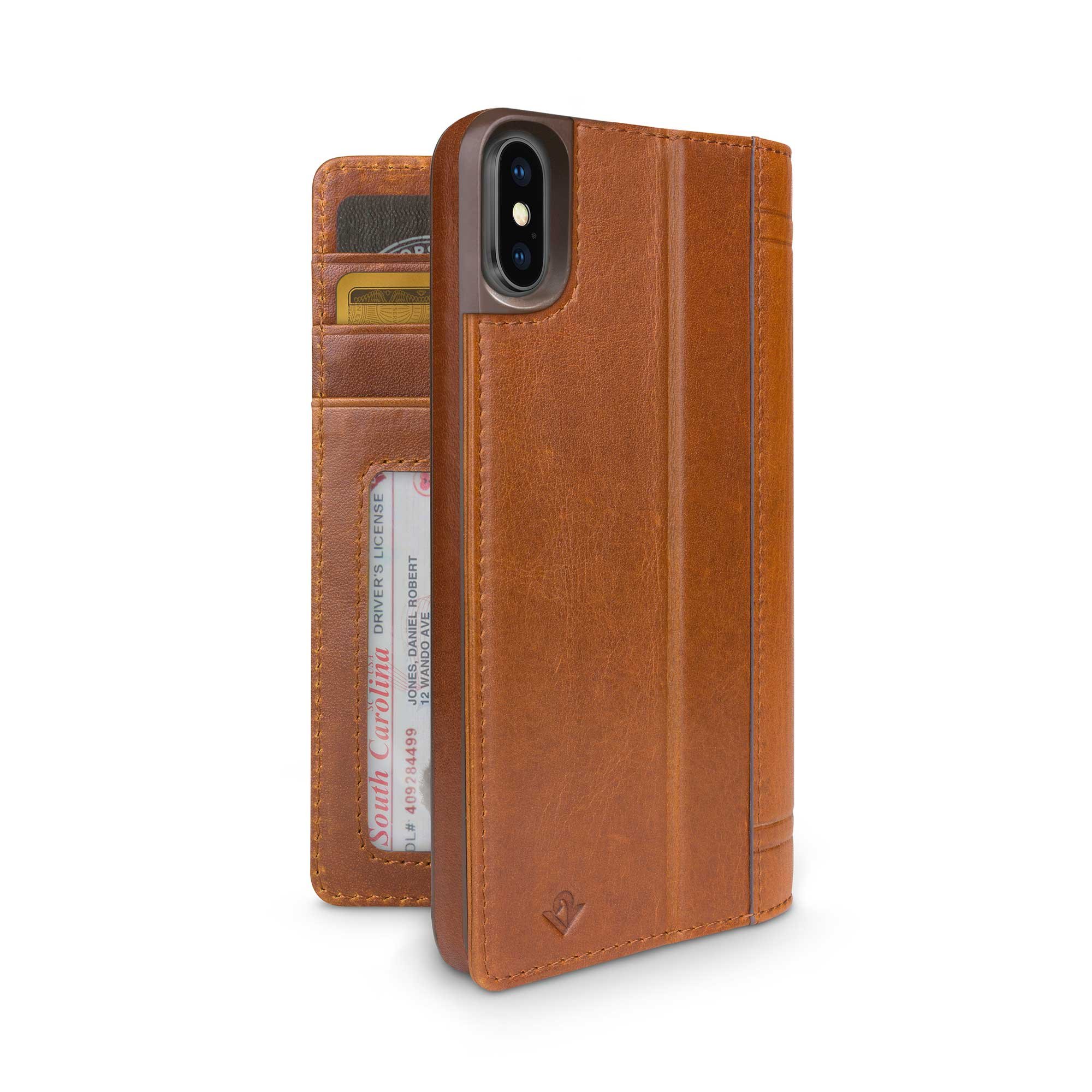 Premium Leather Wallet Folio Case for iPhone X/XS with Stand - Cognac Brown | Slim Protective Cover with Card Slots & Kickstand | Perfect for Work, Travel & Daily Use