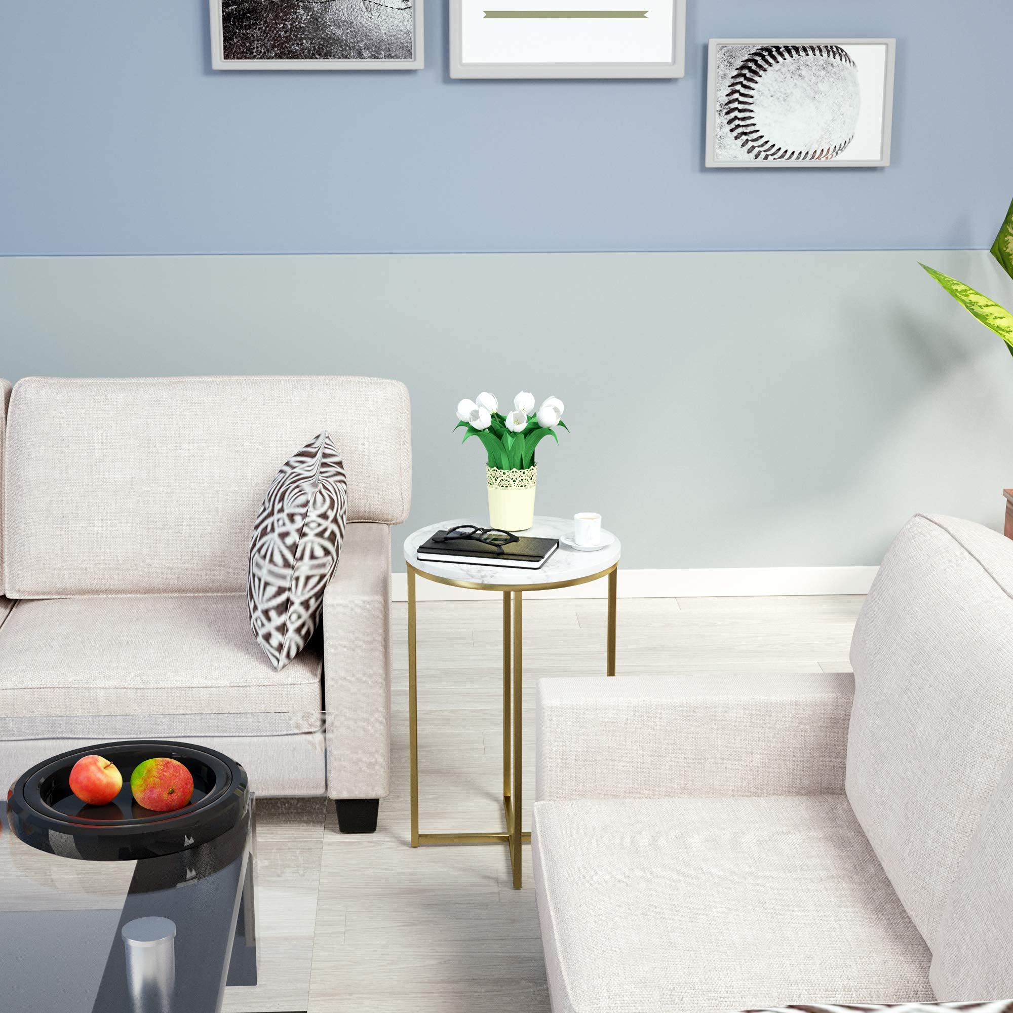 Modern Round Side Accent Table with Faux Marble Top & Gold Metal Frame - End Table, Nightstand for Living Room, Bedroom - Easy Assembly (Perfect for Sofa Side, Reading Nook & Small Space Decor)