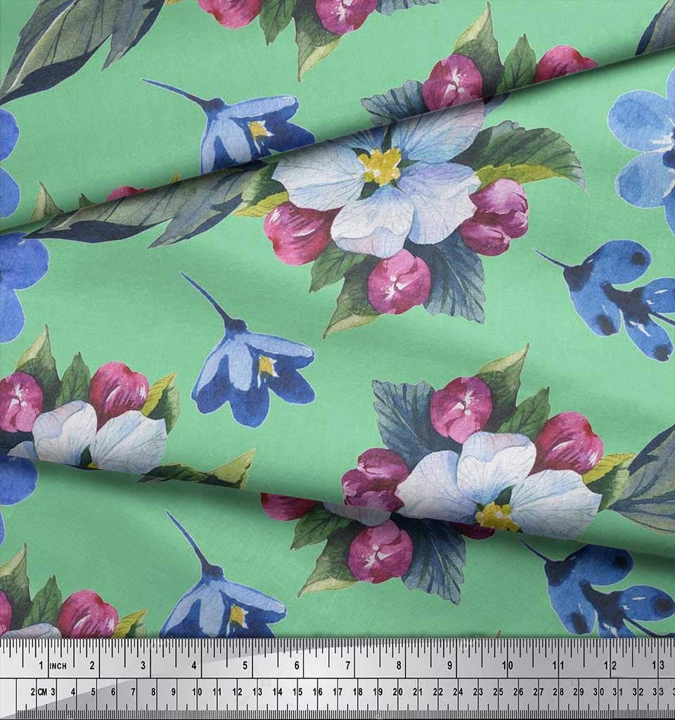 Soimoi 100% Cotton Cambric Fabric by The Yard - 42 Inch Wide - Green Leaves & Lavender Blue Floral Print - Nature-Inspired Elegance for DIY Sewing, Quilting, Dressmaking & Home Decor Projects