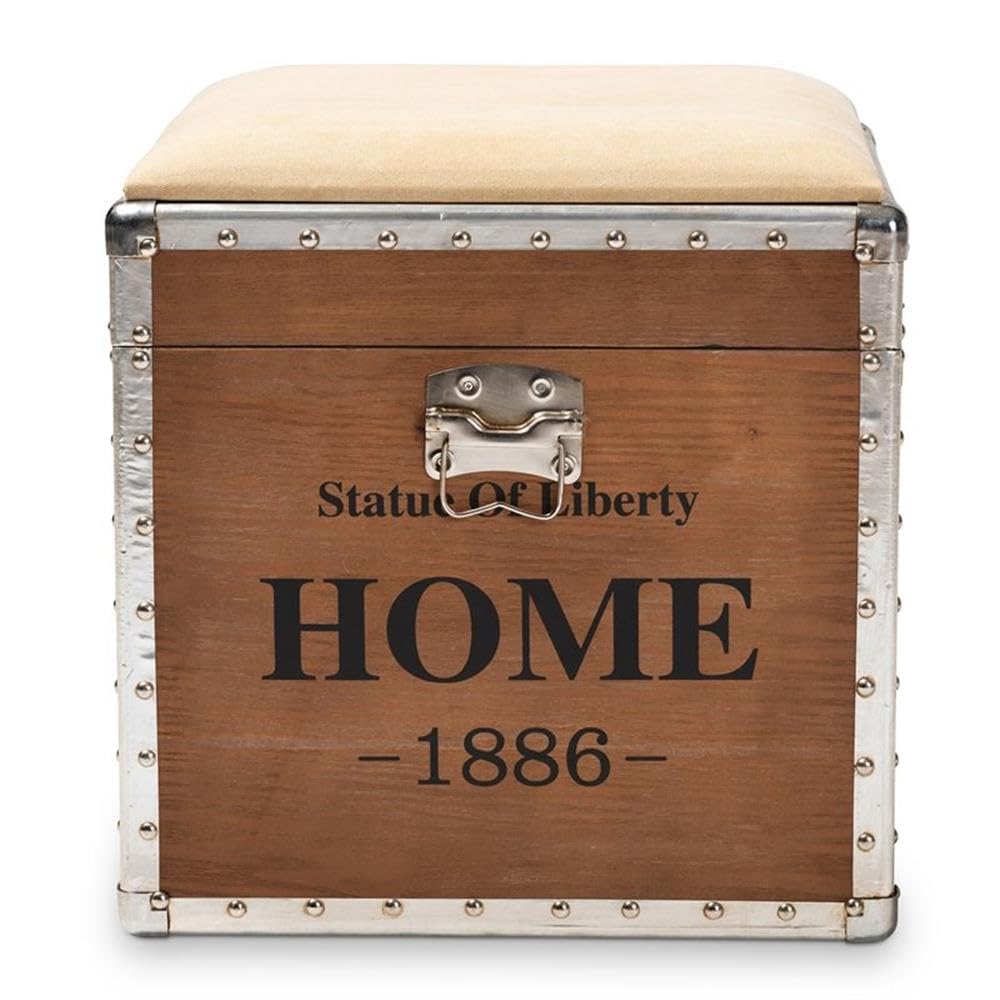 BOWERY HILL Beige Fabric and Wood Storage Ottoman - Versatile Footrest, Extra Seating & Living Room Storage Solution