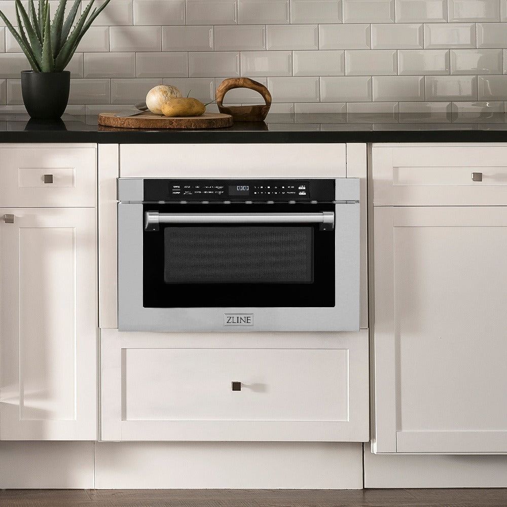 ZLINE 24 Inch 1.2 Cu Ft Built-In Microwave Drawer - Stainless Steel with Traditional Handle (MWD 1 H) - Perfect for Modern Kitchens & Small Spaces