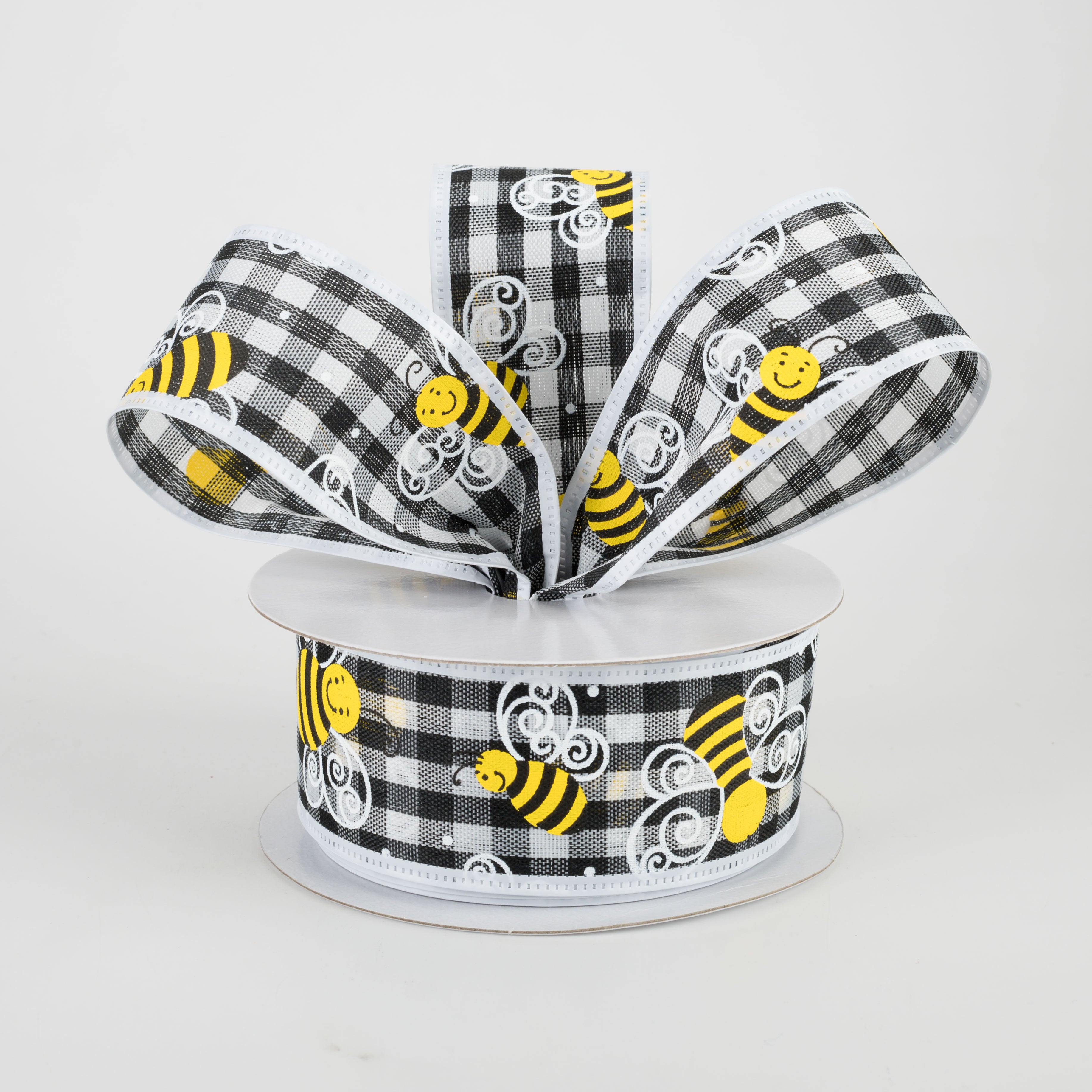 1.5 Inch Gingham Bee Print Ribbon with White Edge - 10 Yards Bulk Roll for Gift Wrapping, DIY Crafts, and Party Decorations