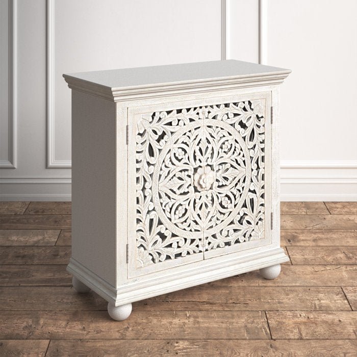 Hand Carved Solid Wood Two Door Accent Cabinet - White Distressed Finish | Rustic Farmhouse Storage Cabinet for Living Room, Bedroom & Entryway