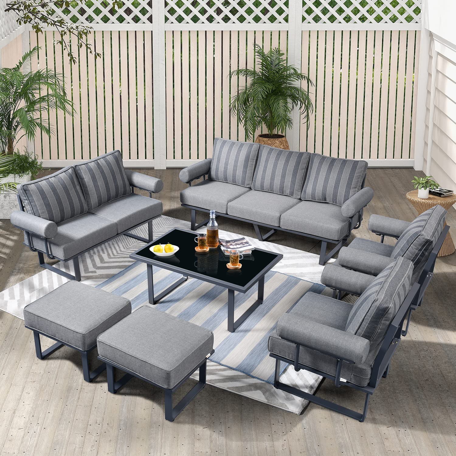 7-Piece Aluminum Outdoor Patio Furniture Set - Mid Century Modern Patio Sofa with Table & Ottoman - Weather-Resistant Grey Stripe Cushions - Perfect for Backyard, Poolside & Garden Relaxation