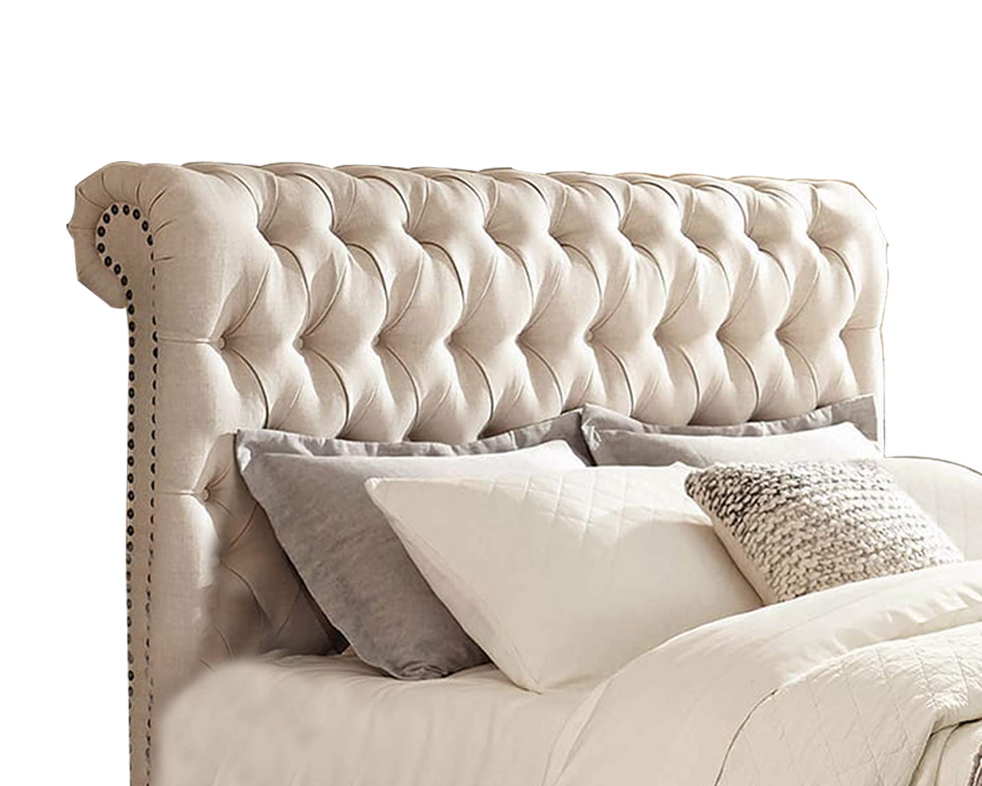 Benjara Beige Fabric Upholstered Queen Size Wooden Bed with Button Tufted Headboard - Elegant Bedroom Furniture for Master Bedroom, Guest Room & Home Decor