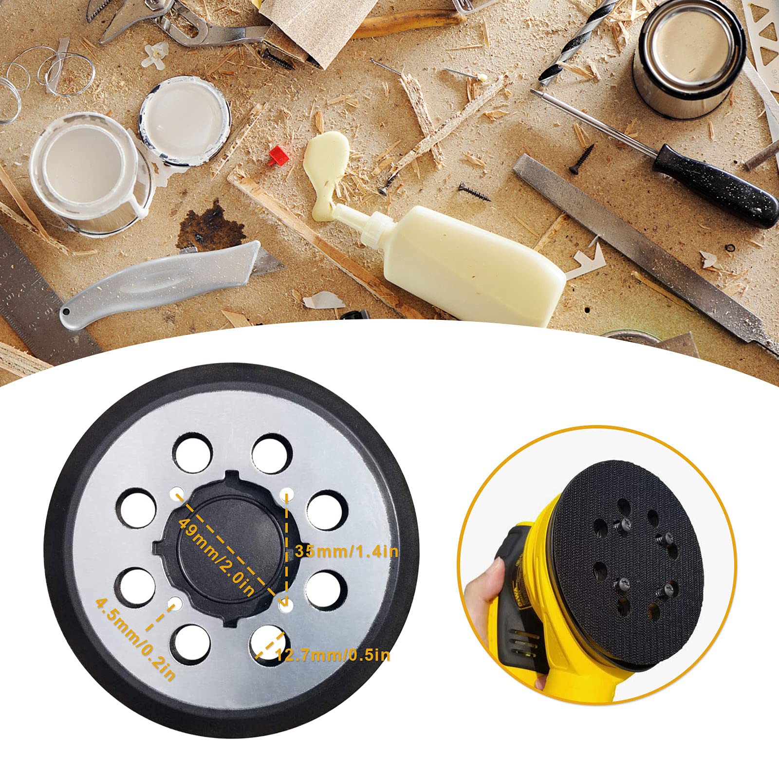5 Inch 8 Hole Hook and Loop Sanding Disc Pad - 4 Screw Holes, Self Adhesive Backing Plate - Compatible with DeWalt DWE6423, DWE6421, DCW210B - Perfect for Woodworking, Metal Polishing & DIY Home Projects