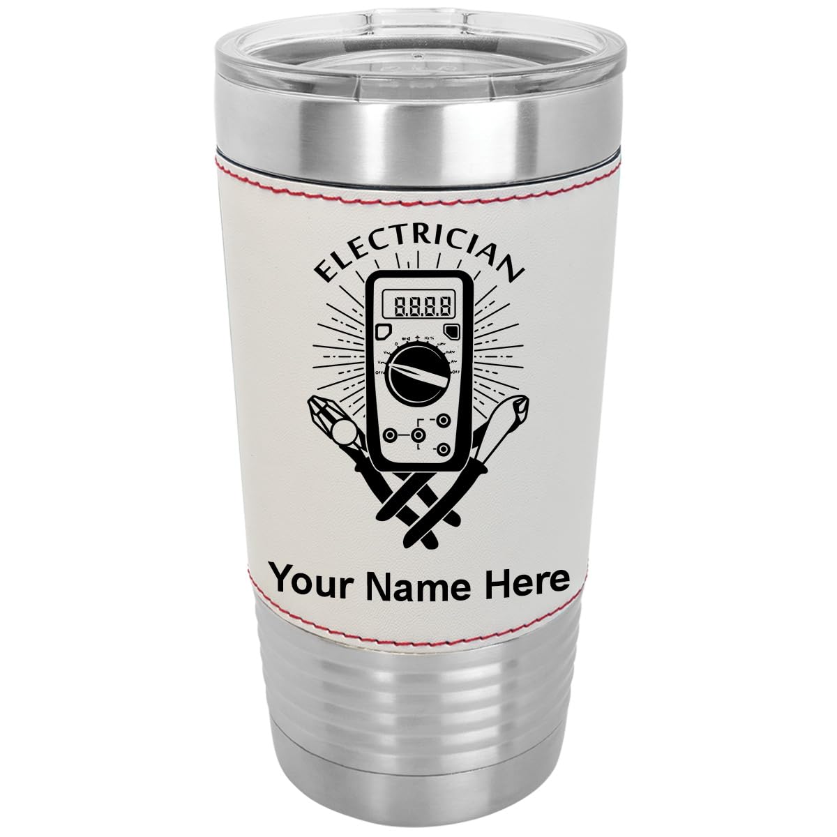 LaserGram 20oz Vacuum Insulated Stainless Steel Tumbler Mug with Personalized Engraving - Faux Leather Baseball Style Cup for Electricians - Perfect for Coffee, Tea & Cold Drinks at Work, Job Sites or Outdoor Activities
