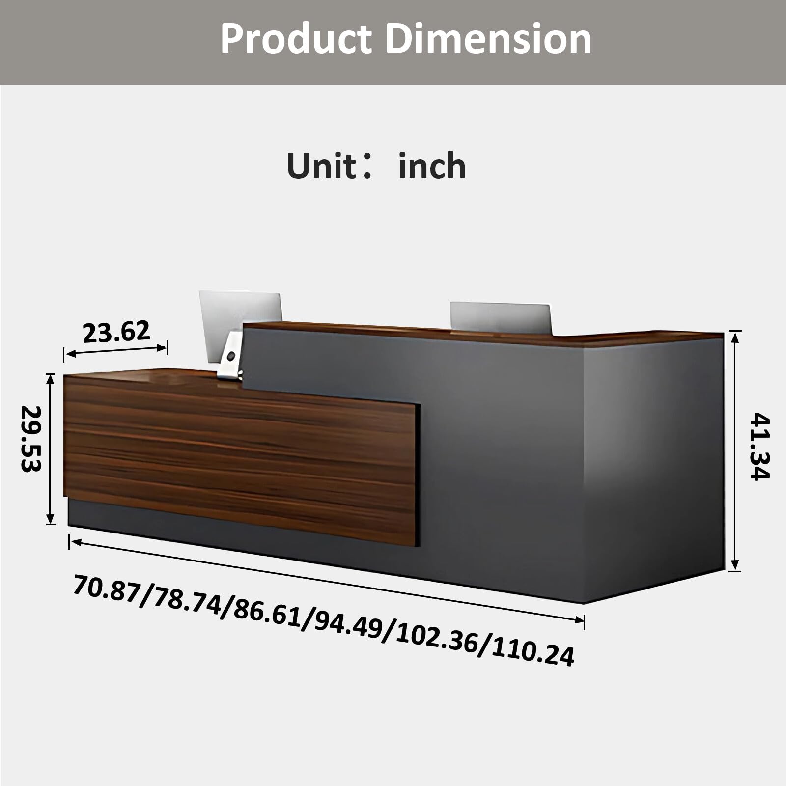 Modern L-Shaped Reception Desk with Hutch - Office Wooden Computer Front Desk with Lockable Drawer & Cabinet (Walnut + Iron Gray, Right Side, 102.36